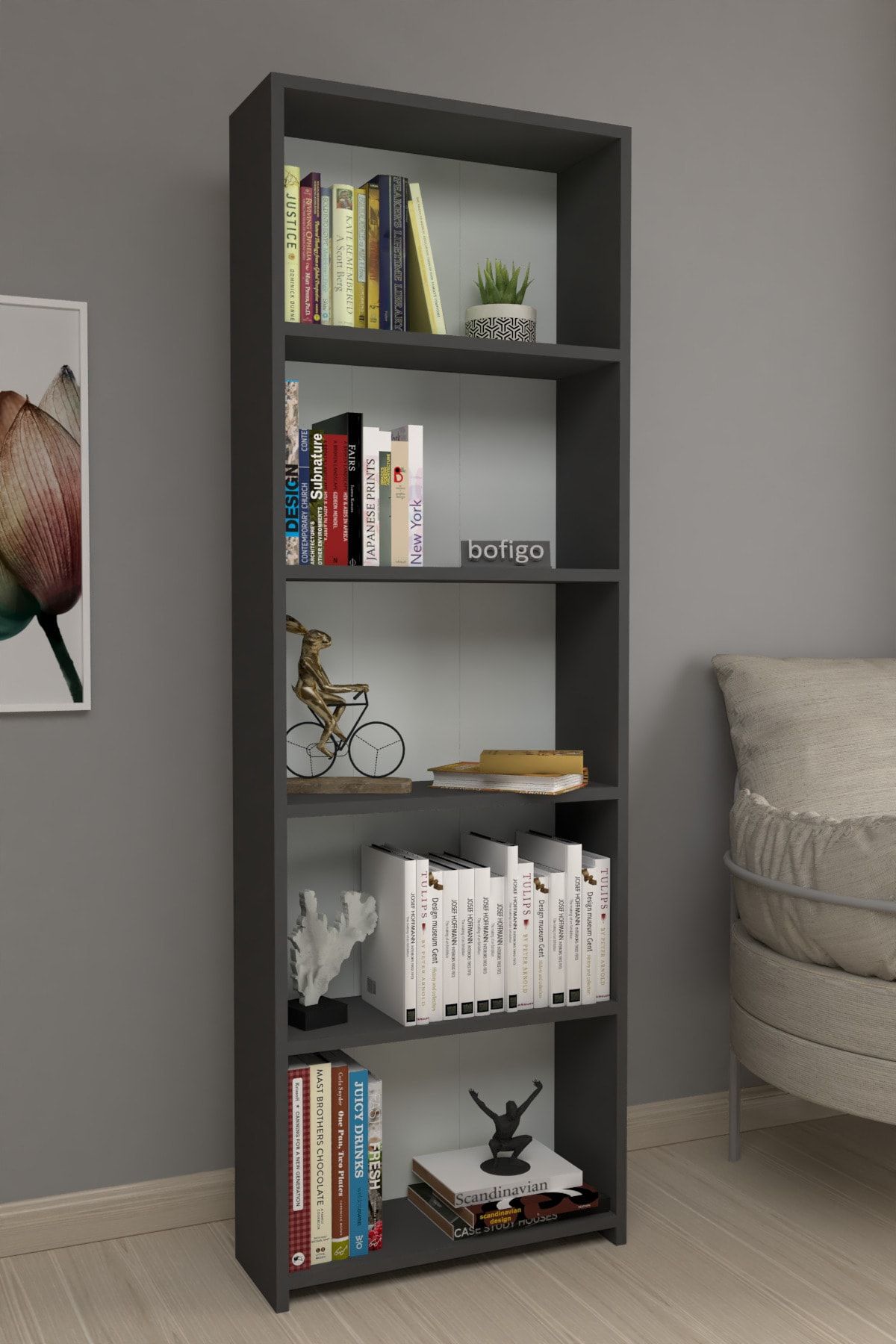 Bofigo Dekoratif 5 Raflı Kitaplık Modern Kitaplık Antrasit