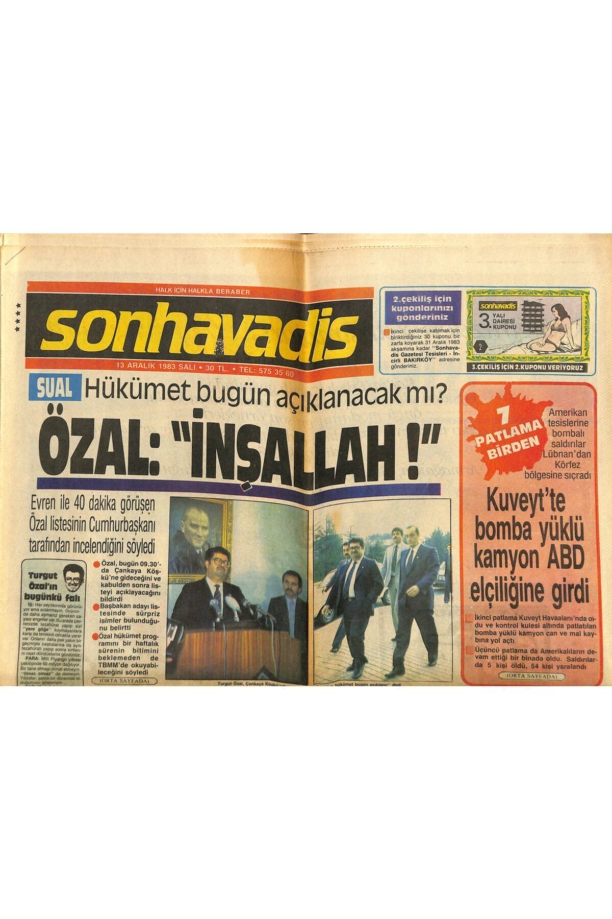Gökçe Koleksiyon Son Havadis Gazetesi 13 Aralık 1983 - Bayan Özal , Ajda Pekkan'la Koyu Bir Sohbete Daldı