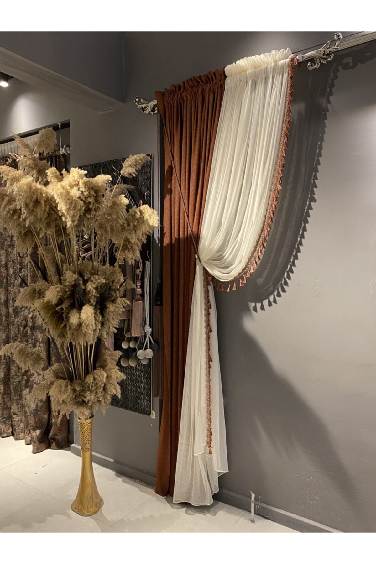 UMY HOME COLLECTİON Tül Perde - Ekru Çelik - Luxury - 1/3 Pile Ütü Gerekmez