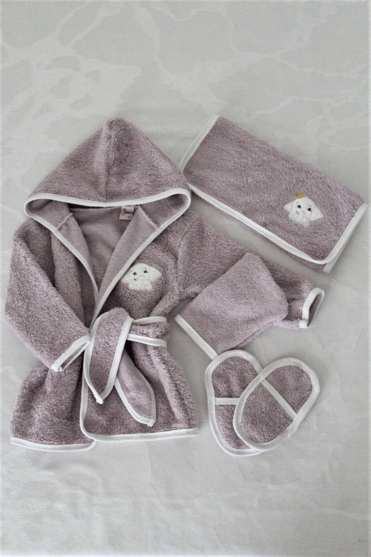 MİSİMOSİ BABY Unisex Minik Fil Dört Parça Bebek Bornoz Seti Yenidoğan Seti