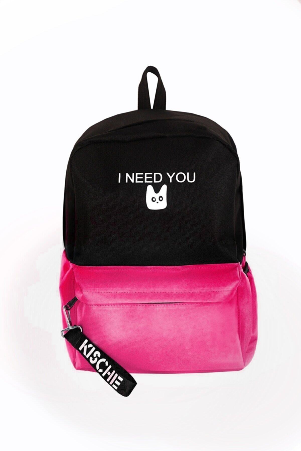 KISCHE Çift Renk Ineed You Okul Spor Çantası Siyah Pembe