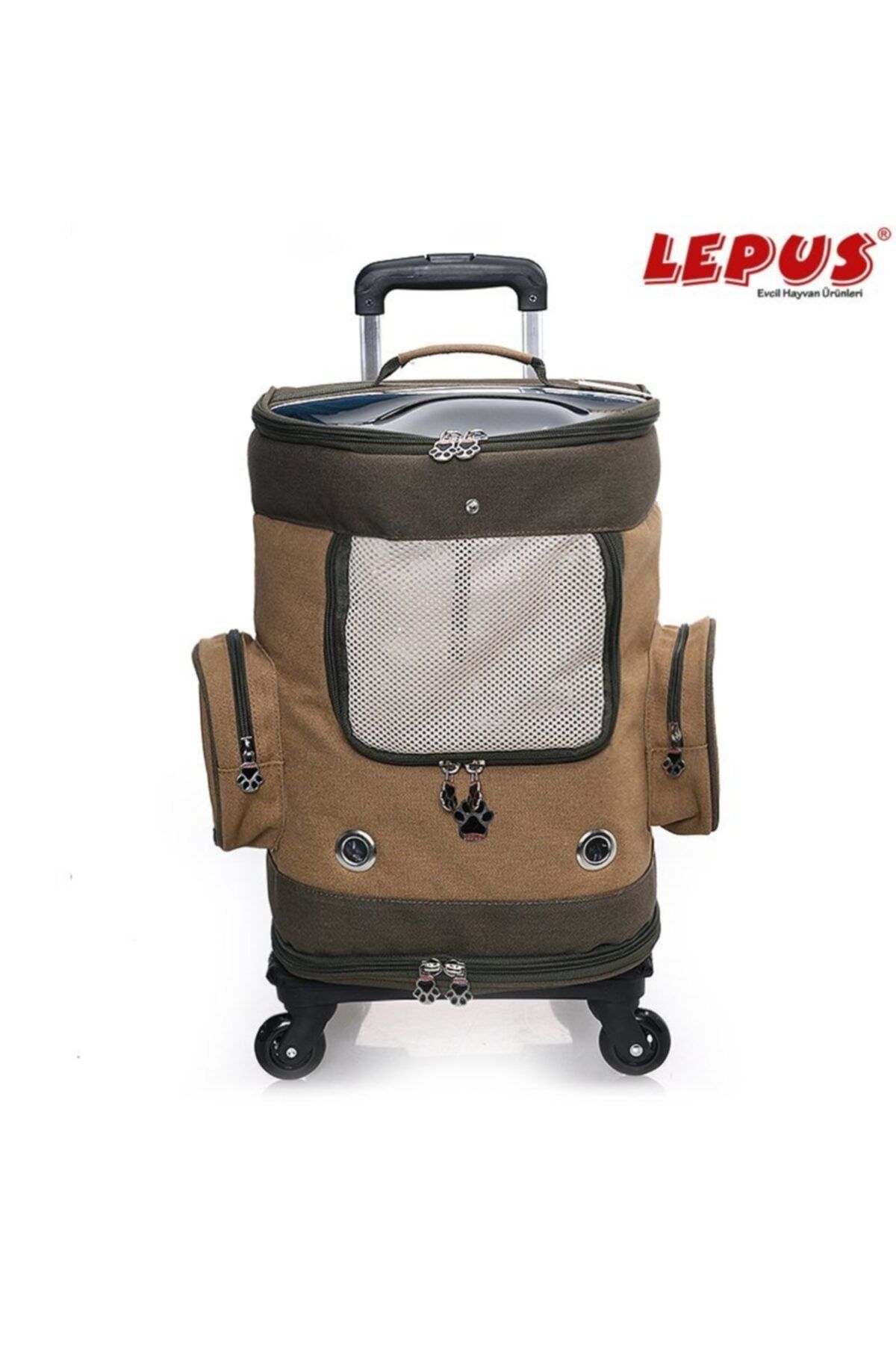 Lepus Tekerlekli Bavul Şeklinde Çekçekli Kedi Köpek Taşıma Çantası Kanvas Haki 30x30x50h