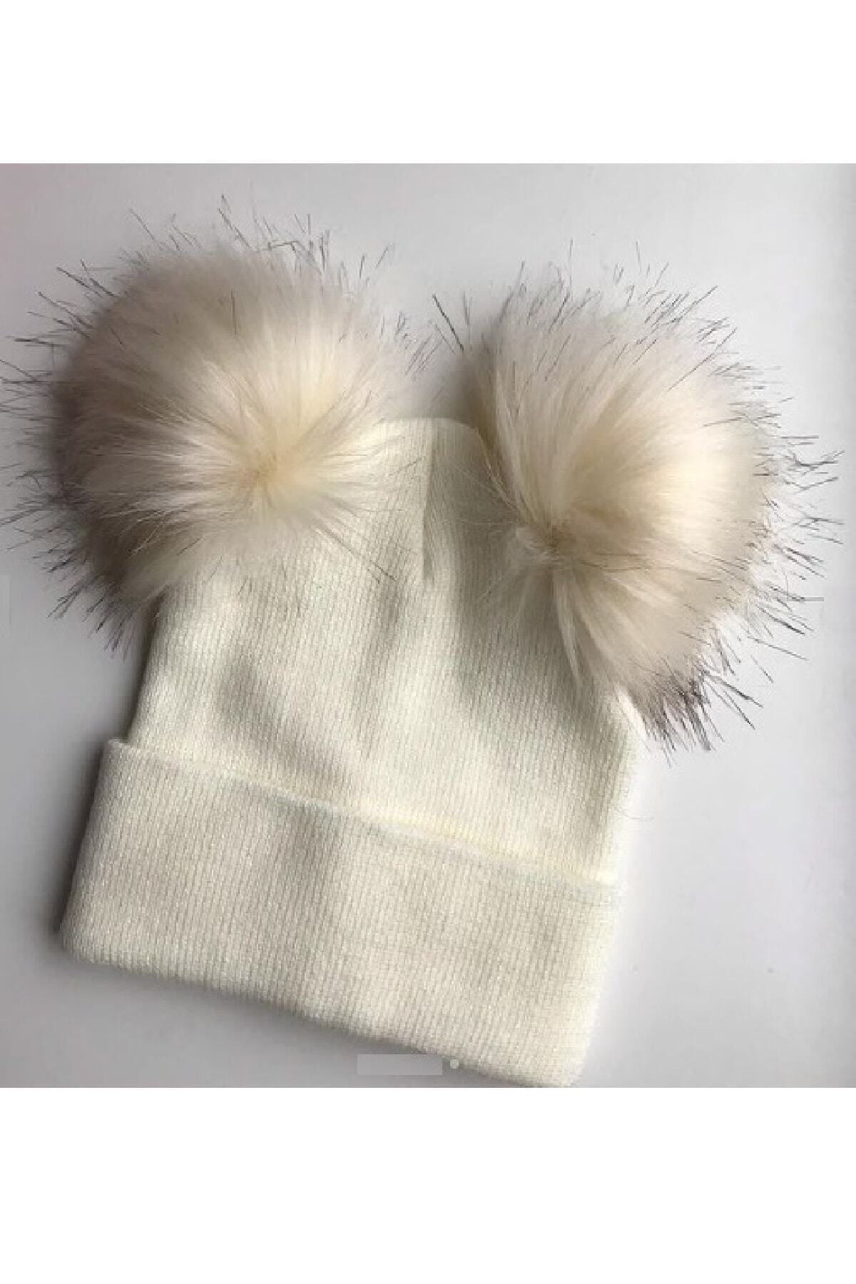 Asa Bebek Çocuk Unisex Bebek Ekru Kürk Ponponlu Triko Bere