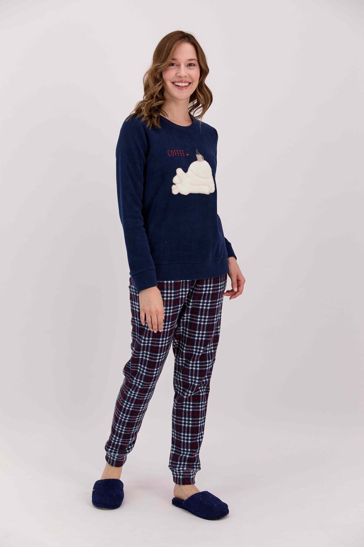 Arnetta Coffee Ekoseli Lacivert Kadın Polar Pijama Takımı