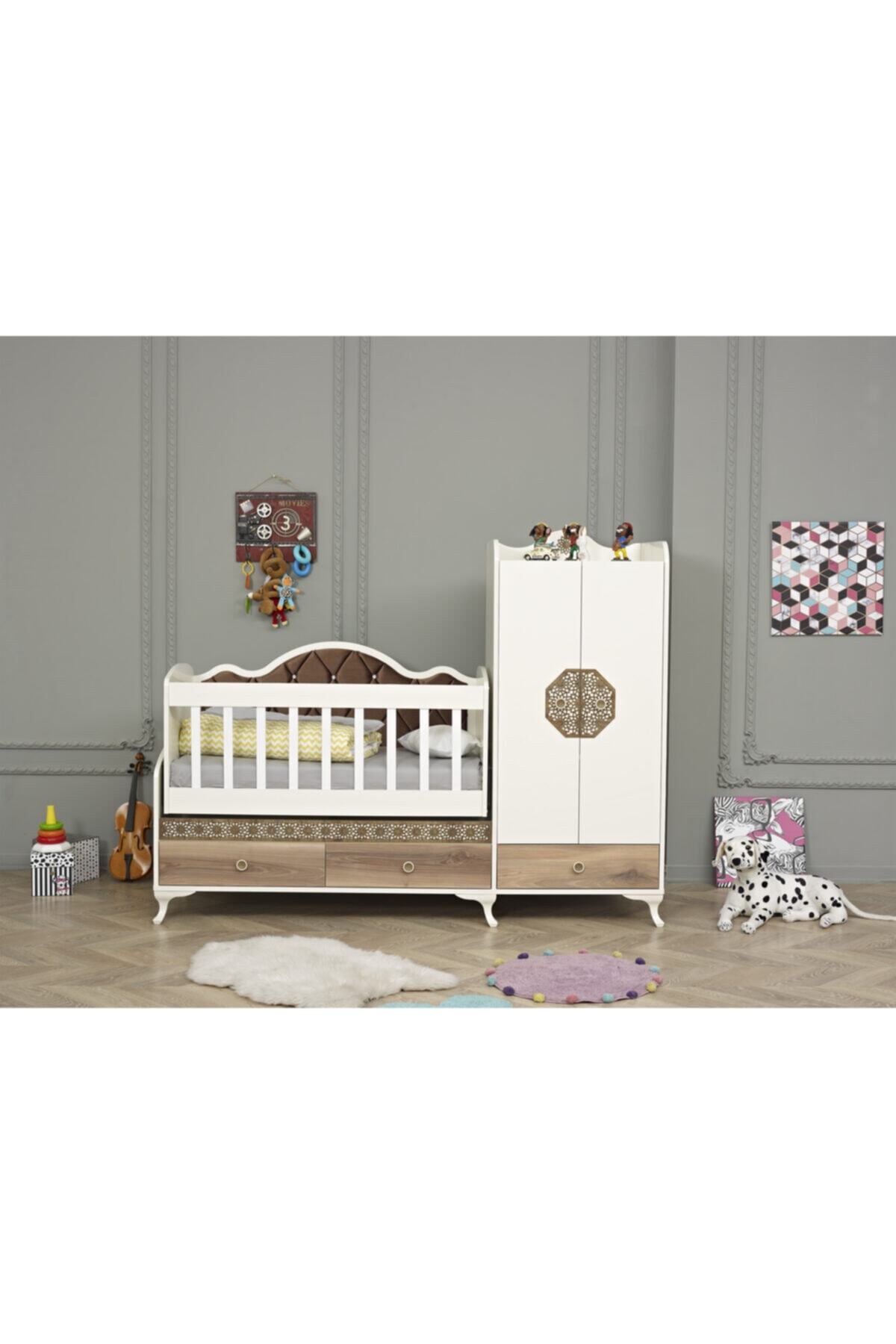 PİYANO GENÇ VE BEBEK ODASI Bahar 60 * 120 Dolaplı Anne Yanı, Çekmeceli, Sallanır Kahverengi Döşemeli Beşik