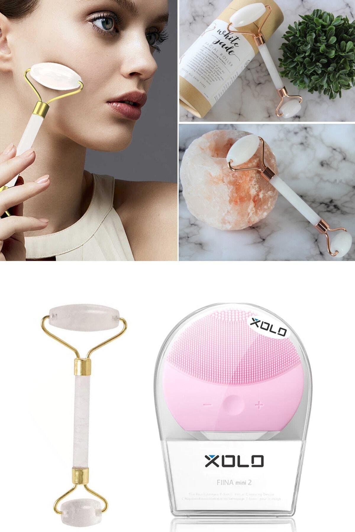 Mardinal Şarj Edilebilir Pembe Yüz Temizleme Cihazı + Jade Roller Beyaz 2'li Yeşim Taşı Masaj Aleti