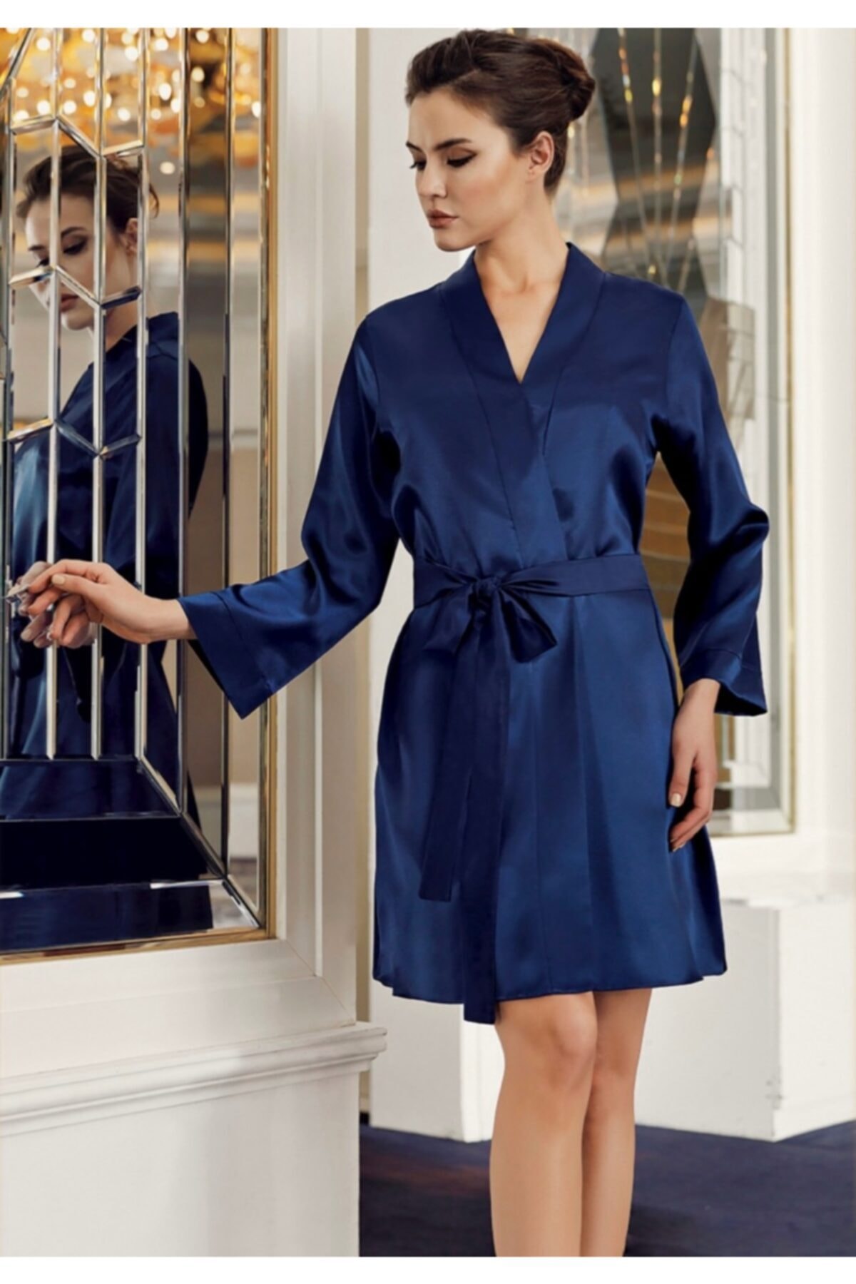 MAF Lacivert Saten Kısa Sabahlık