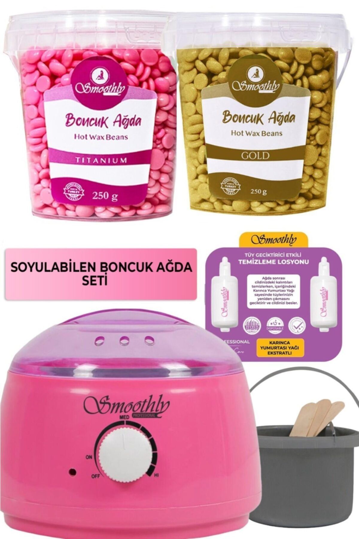 Smoothly Pudralı Soyulabilen Boncuk Ağda 2 Kutu+pembe Makina Isı Ayarlı+tüy Geciktirme Etkili Yağ+spatula
