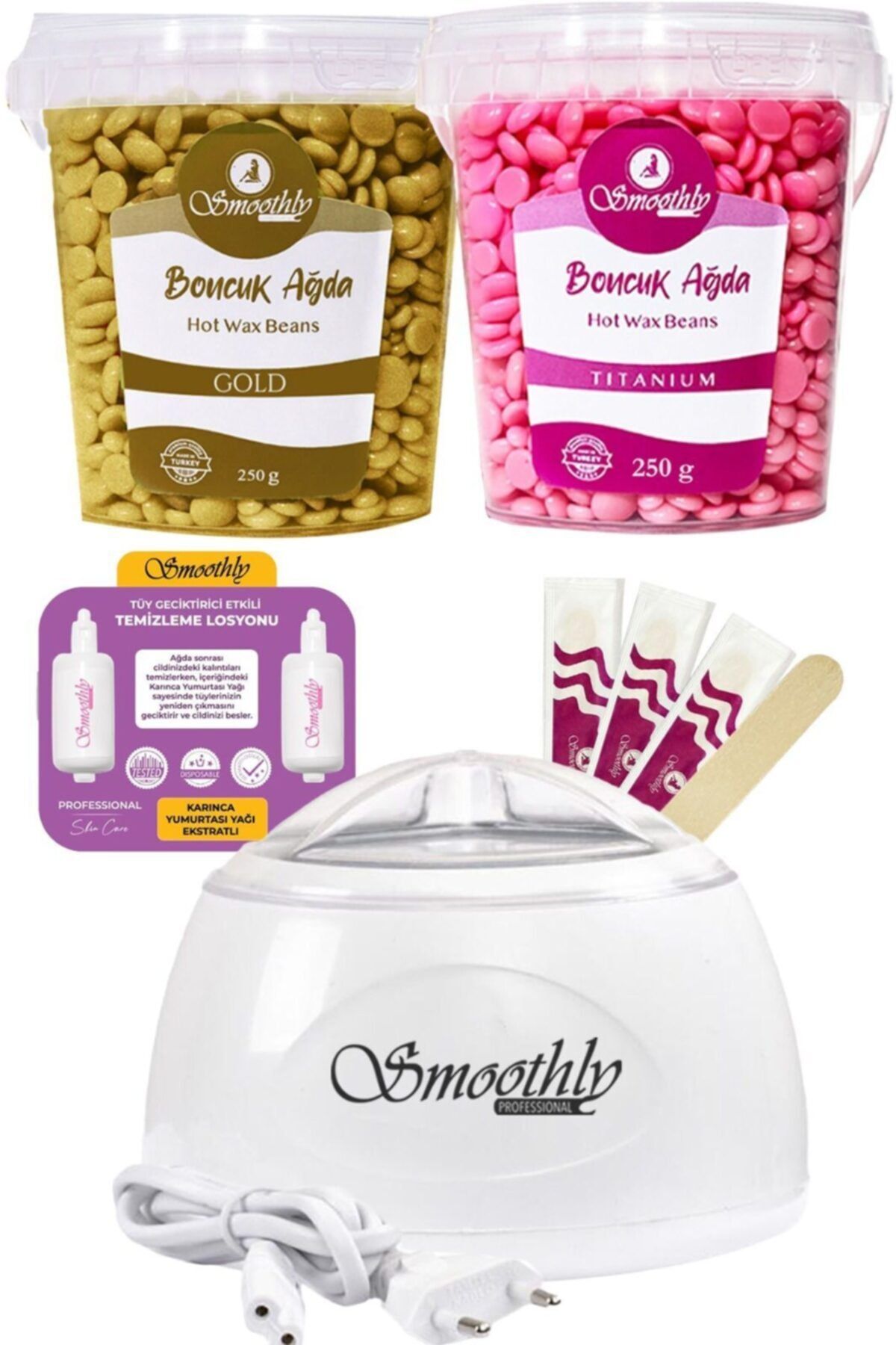 Smoothly Pudralı Soyulabilen Boncuk Ağda 2 Kutu+beyaz Isıtıcı+tüy Geciktirme Etkili Yağ+spatula Seti