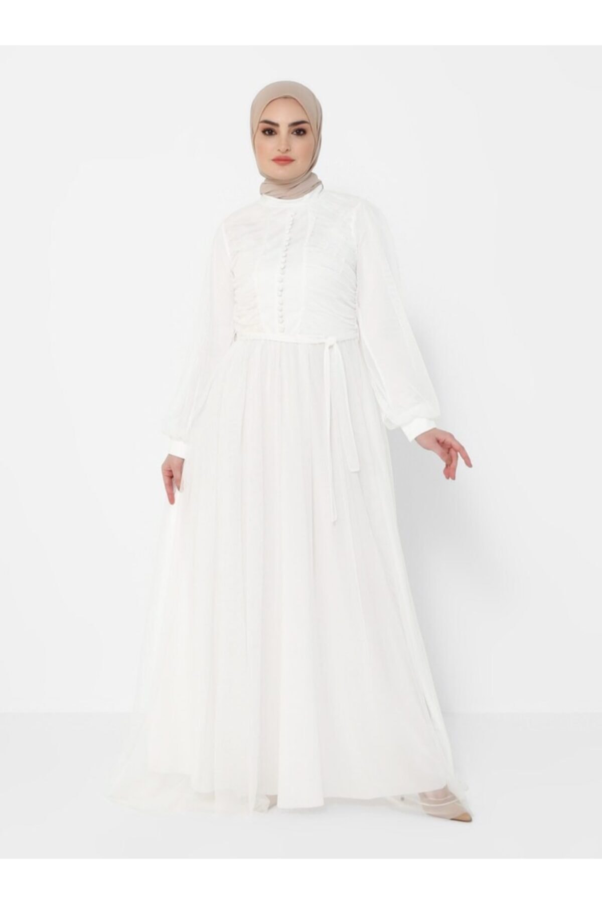 Tavin Payet Detaylı Tüllü Abiye Elbise - Ekru -