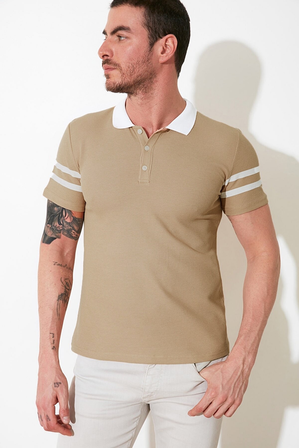 TRENDYOL MAN Bej Erkek Slim Fit Polo Yaka T-shirt