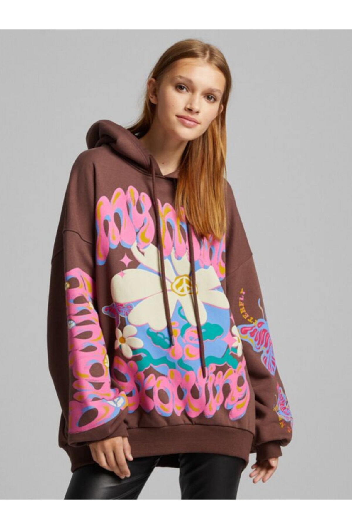 CREP WOMAN FASHION Kahverengi My Mind Is Growing Baskılı Oversize Sweatshirt