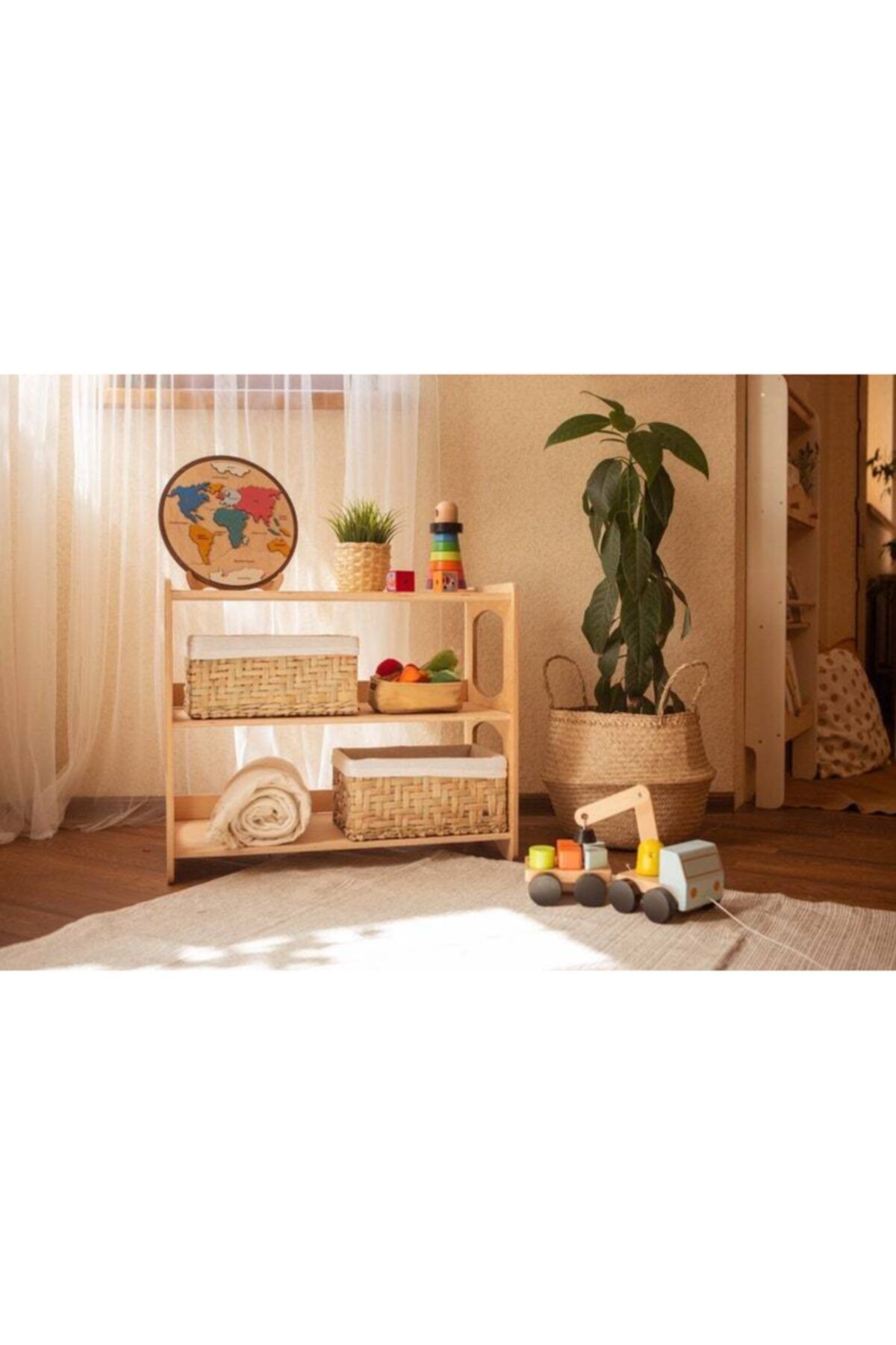 AlbinaWood Montessori Ahşap Çocuk Yanları Açık Oyuncak Rafı