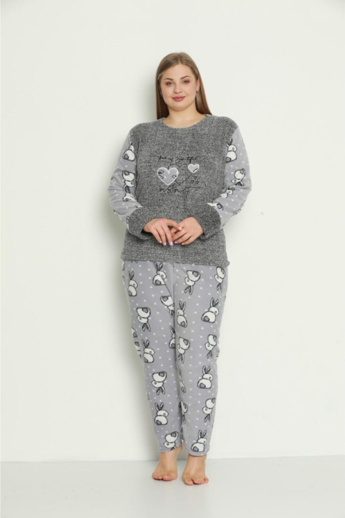 Temporium Kadın Antrasit Büyük Beden Kalp Desenli Peluş Polar Pijama Takımı