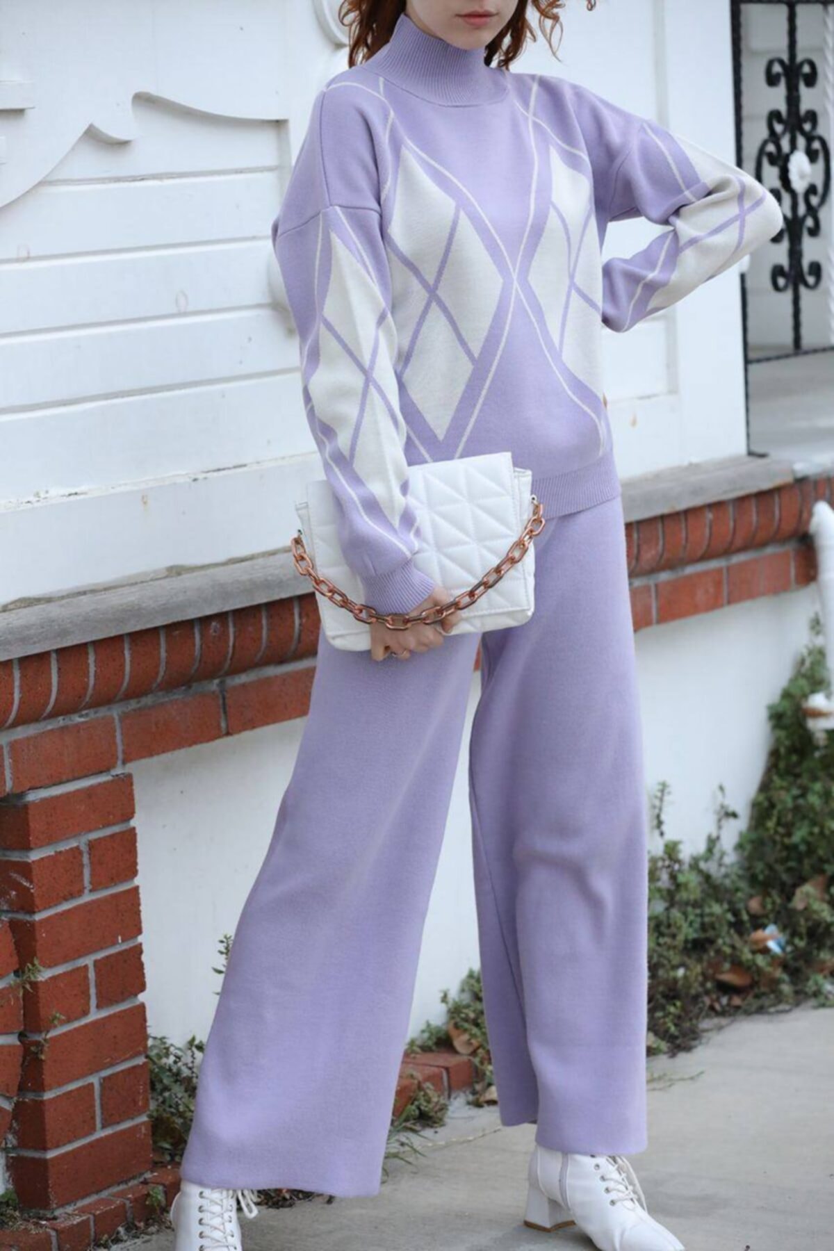 VEGENZE Lila Baklava Desen Bol Paça Yarım Balıkçı Kadın Triko Takım