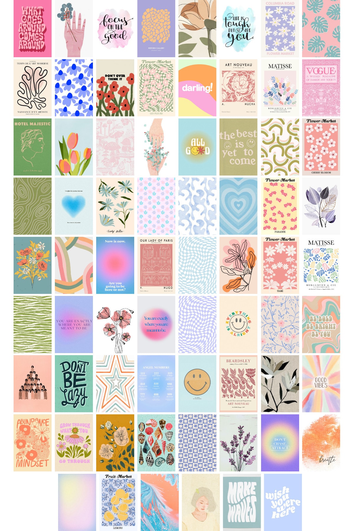 Postifull Danish Pastel Poster Seti - Boho Poster Seti - 70 Adet Poster Kolaj Seti - 10*15cm - 1m*1m Toplam