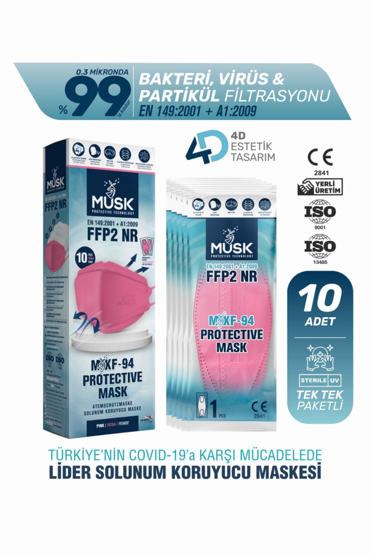 Musk KF94 Kore Tipi FFP2 Maske Pembe Renk 10 Adet
