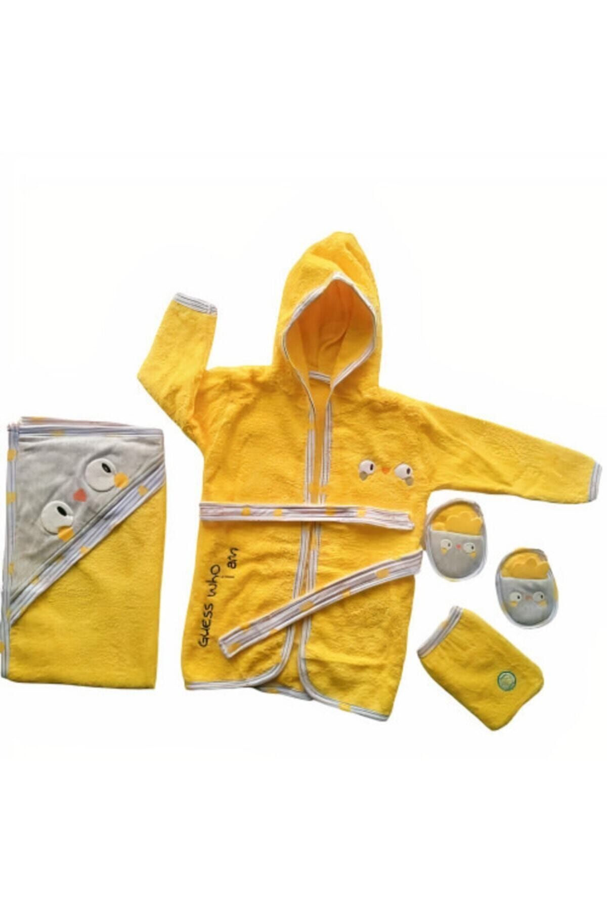 Miniword Bebek Sarı Bornoz 0/2 Yaş Kullanım Için Uygun Bebek 4 Parça Havlu Bornoz Takımı Seti