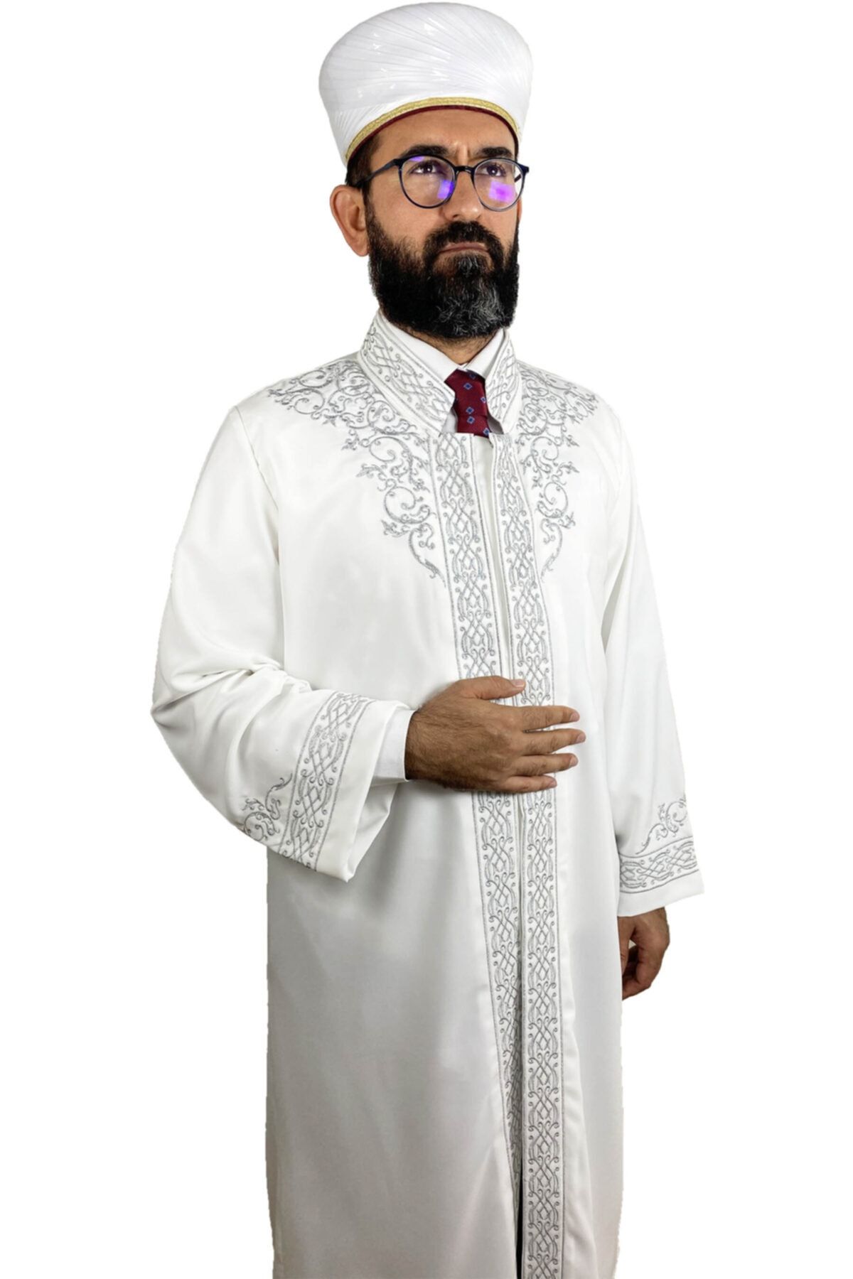 İCMA Osmanlı Nakışlı Gri İşlemeli İmam Cübbe Çıtçıtlı Krem