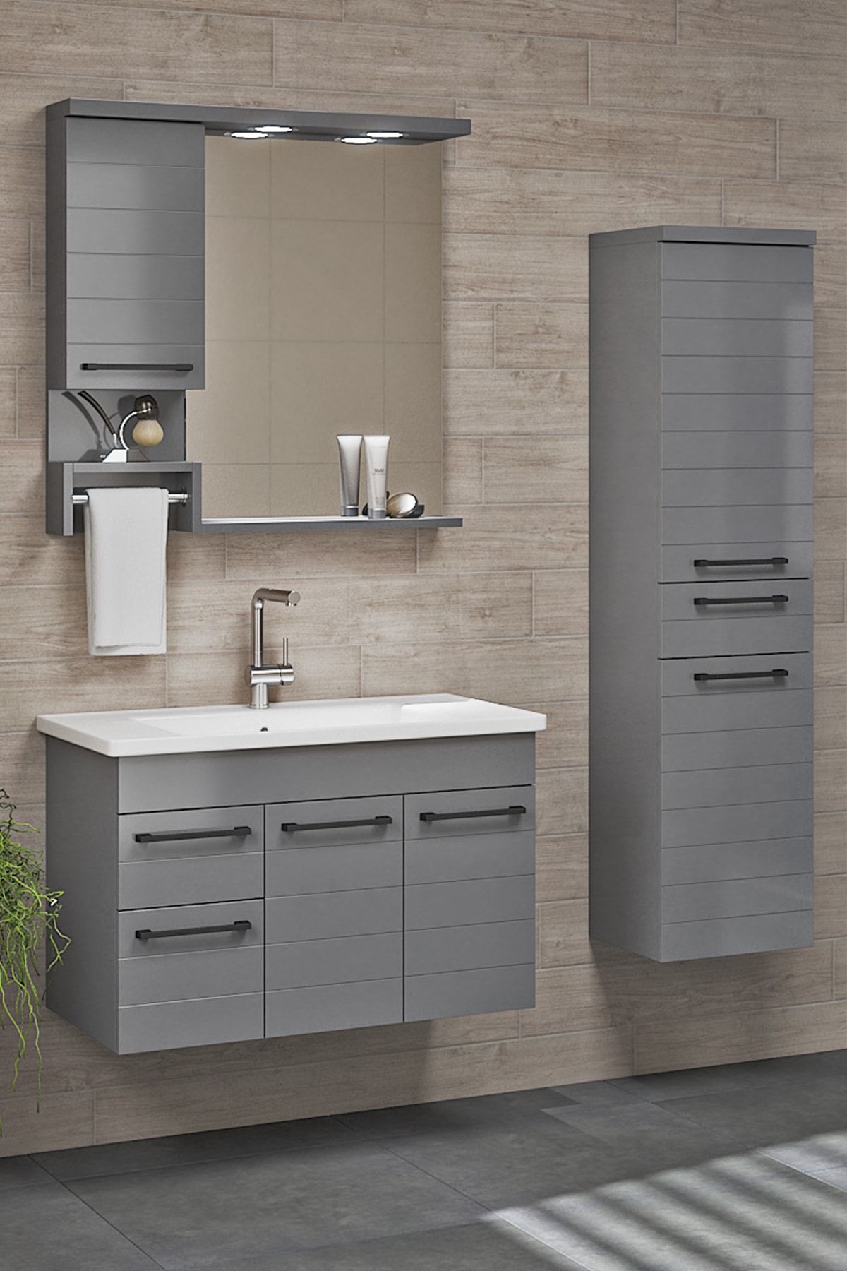 Alfa Banyo Okyanus (80+35) 115 cm Boy Dolaplı Lüx Banyo Takımı Antrasit
