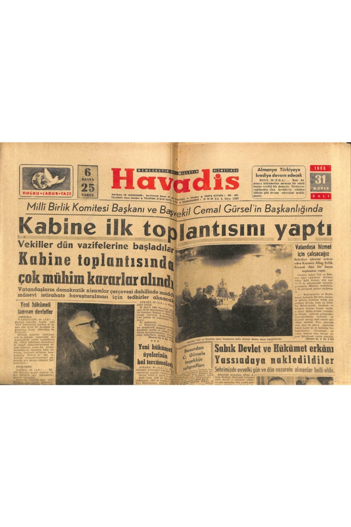 Gökçe Koleksiyon Havadis Gazetesi 31 Mayıs 1960 Sabık Devlet Ve Hükümet Erkanı Yassıadaya Nakledildiler