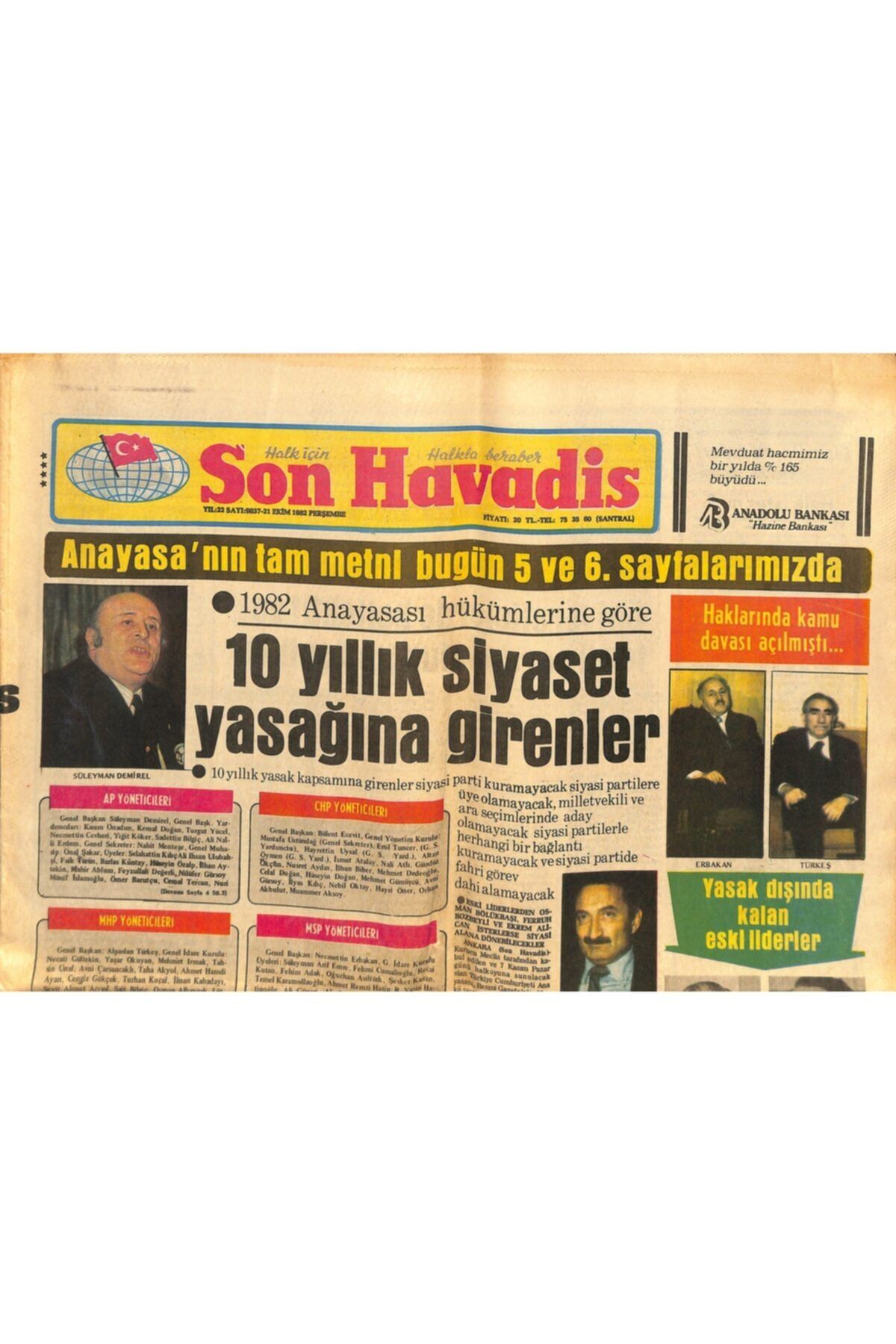 Gökçe Koleksiyon Son Havadis Gazetesi 21 Ekim 1982 - Kastelli'nin Tahliye Talebi Reddedildi