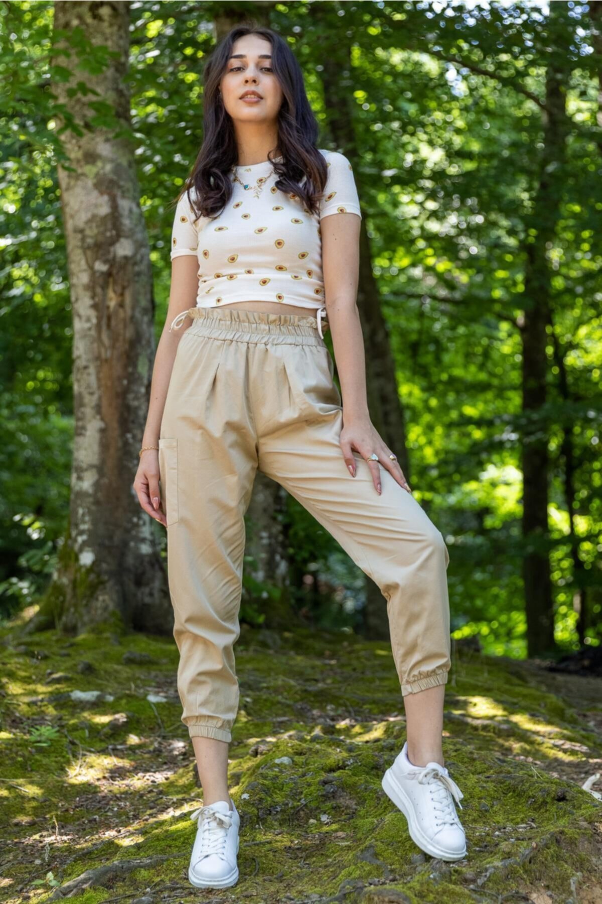 Lars Butik Kadın Taş Rengi Bel Ve Paça Lastikli Yanları Cepli Keten Pantolon