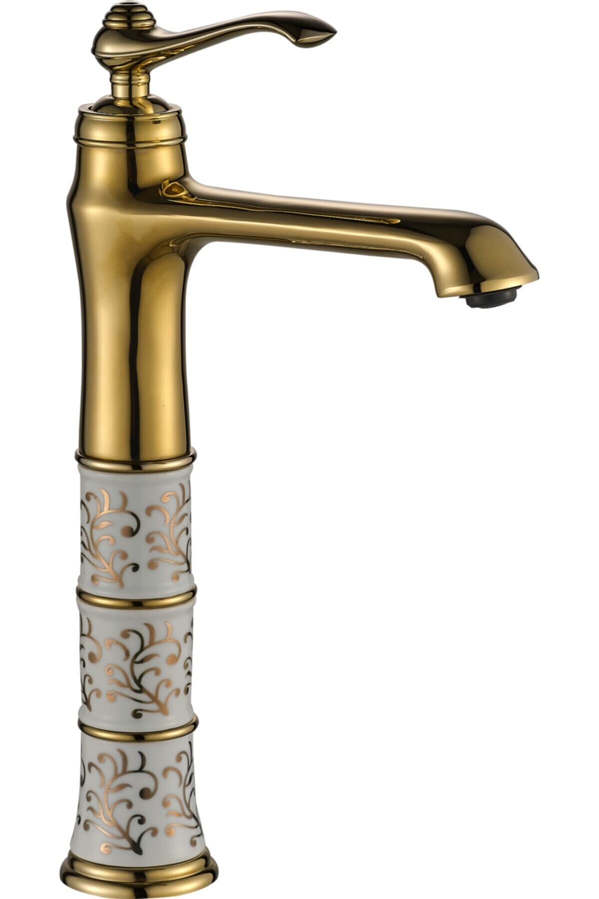 LPD Seramik Desenli Çanak Banyo Lavabo Bataryası Gold