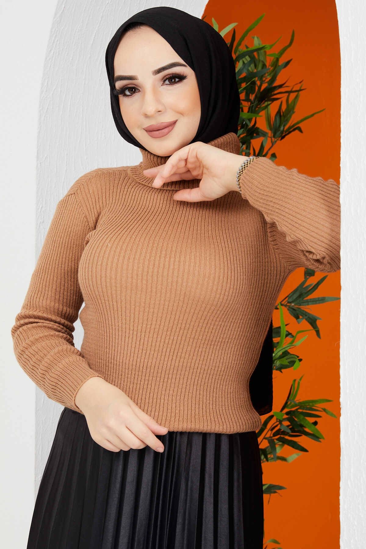 İmajButik Tam Boğazlı Tesettür Triko Kazak/camel