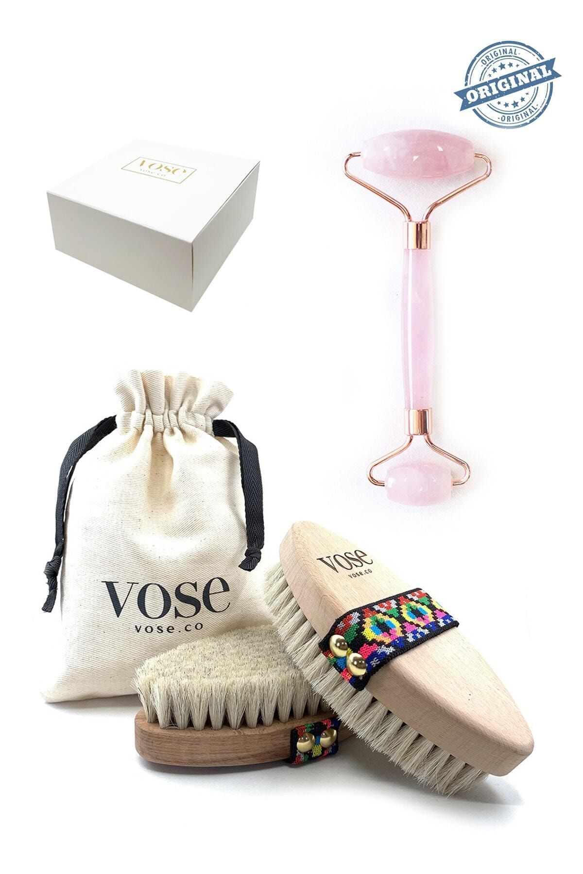 Vose 2' Li Set Doğal At Kılı Selülit Fırçası (Tulip) + Rose Quartz Facial Roller