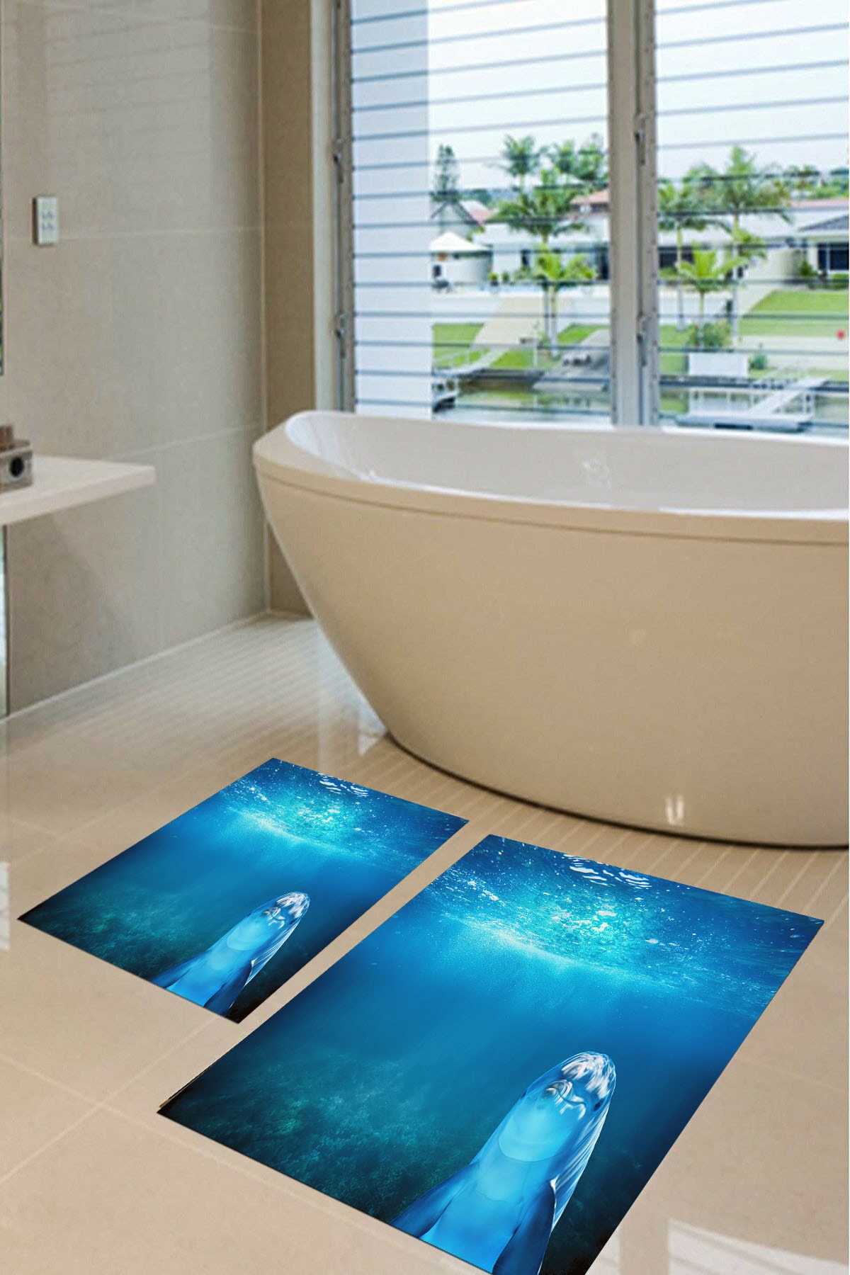 alcahome Mavi Deniz Içinde Sevimli Yunus Balığı Desen Yıkanabilir Banyo Ikili Paspas Takımı