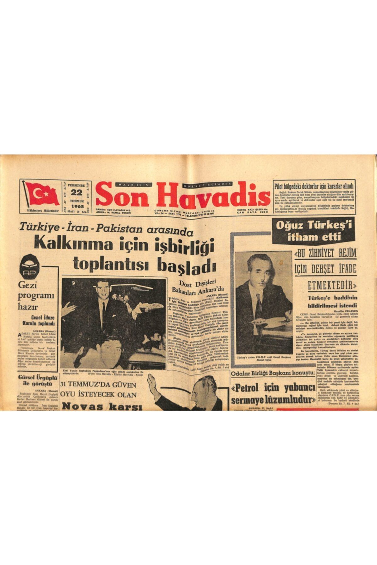 Gökçe Koleksiyon Son Havadis Gazetesi 22 Temmuz 1965 - Melas'ın Sözleri Ankarada Iyi Karşılanmadı