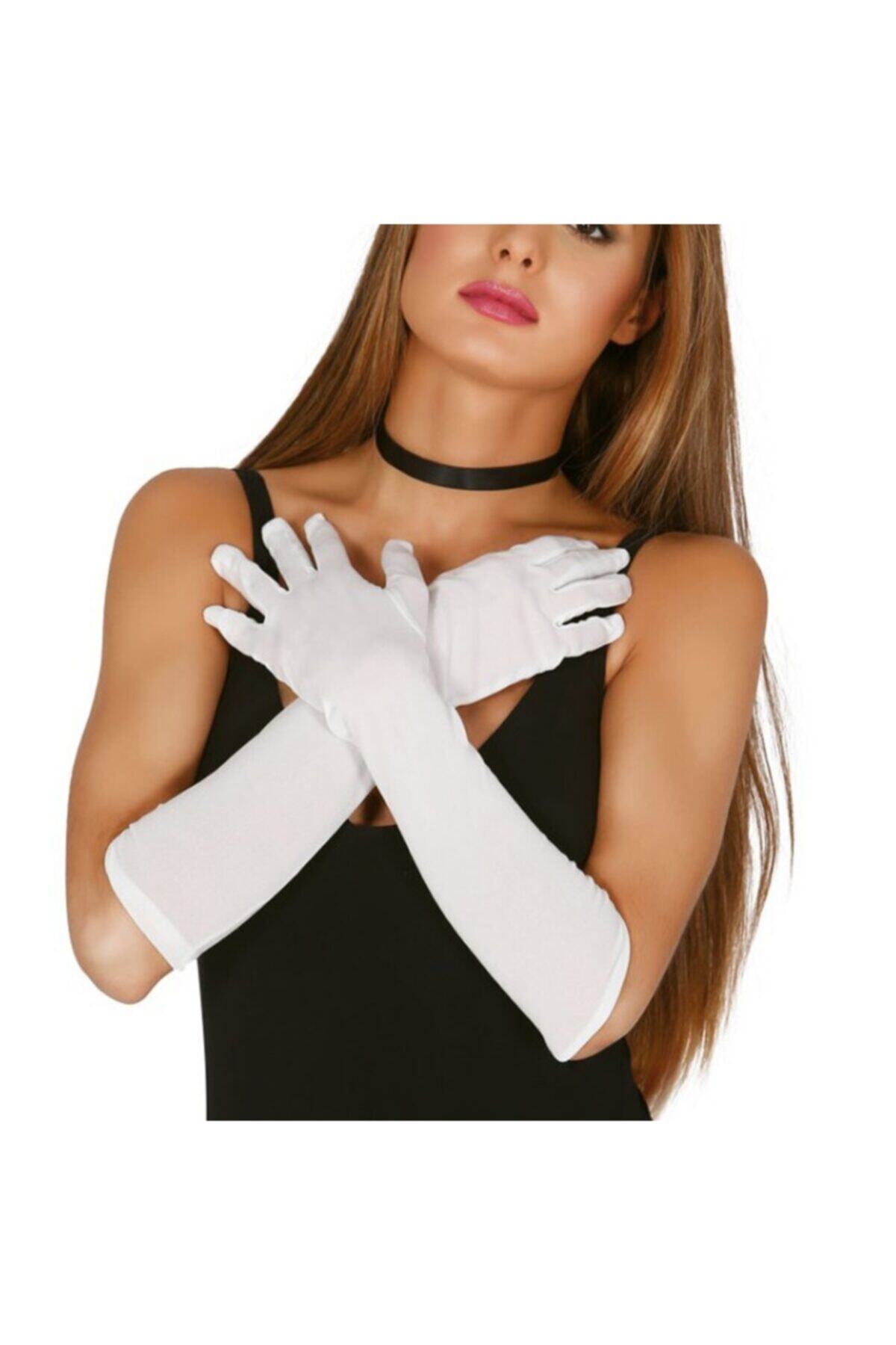Dreamsshop Parti Aksesuar Beyaz Renk Dirseğe Kadar Uzun Kumaş Eldiven