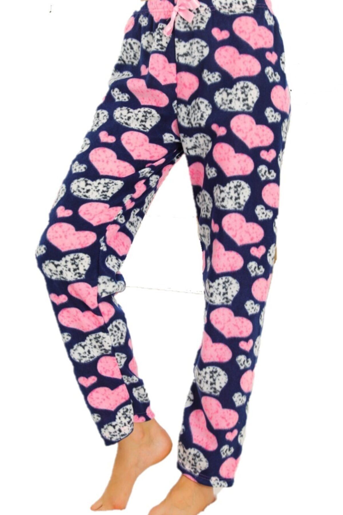 SadeKuru Kadın Lacivert Kalp Desenli Polar Pijama Altı