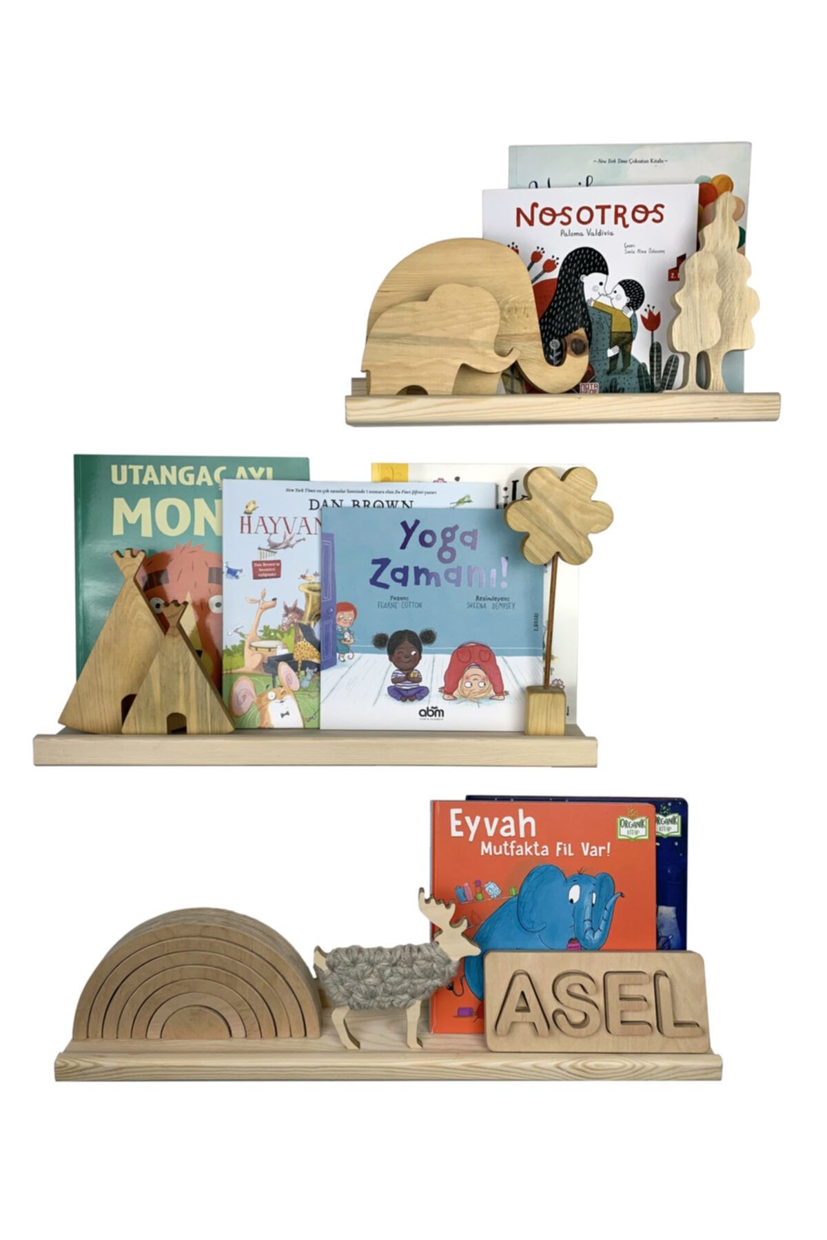 Ahşap Adası Montessori Doğal Ahşap 3 Lü Raf Seti Çocuk Odası Kitap Çerçeve Resim Rafı