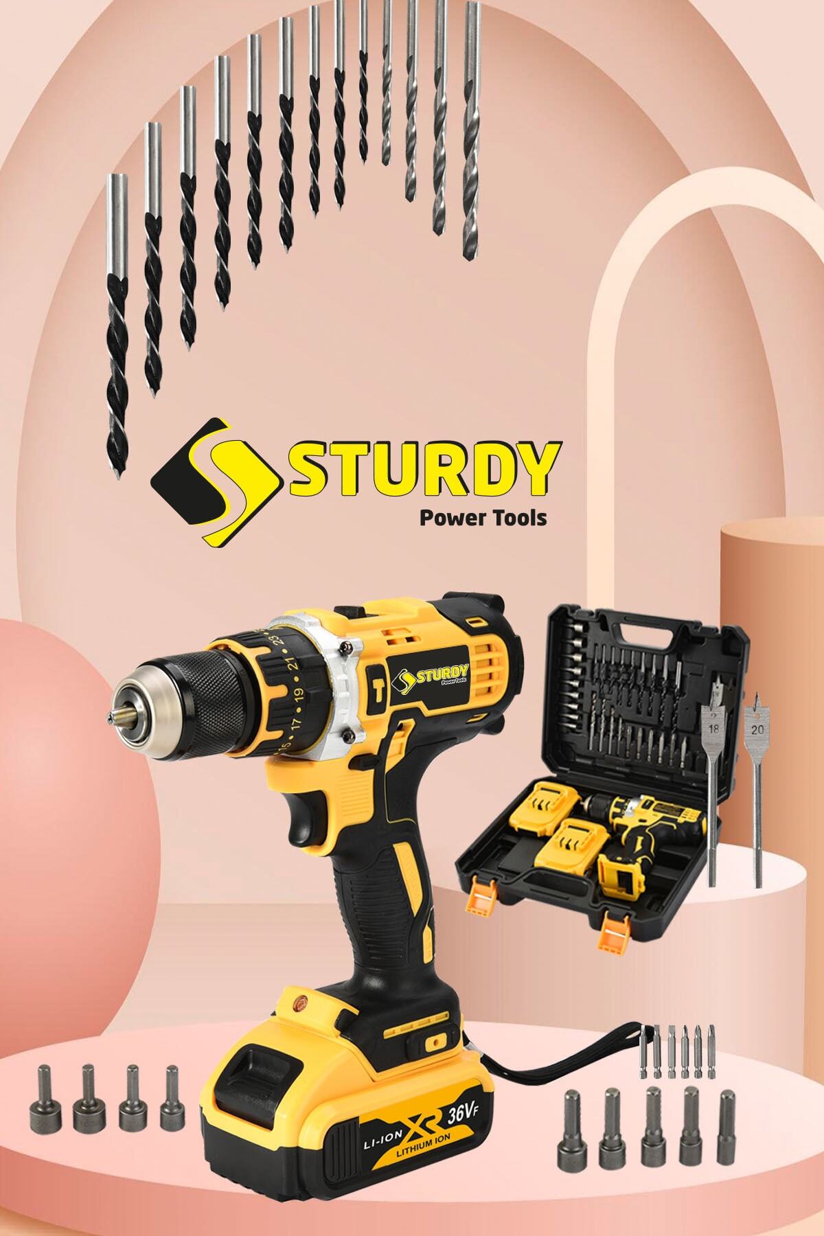 Sturdy Japon Techn 2022 Seri 36vf 5ah L9-7 Çelik Mandren- Şanzuman Şarjlı Çift Akülü Vidalama 30 Prç Setli