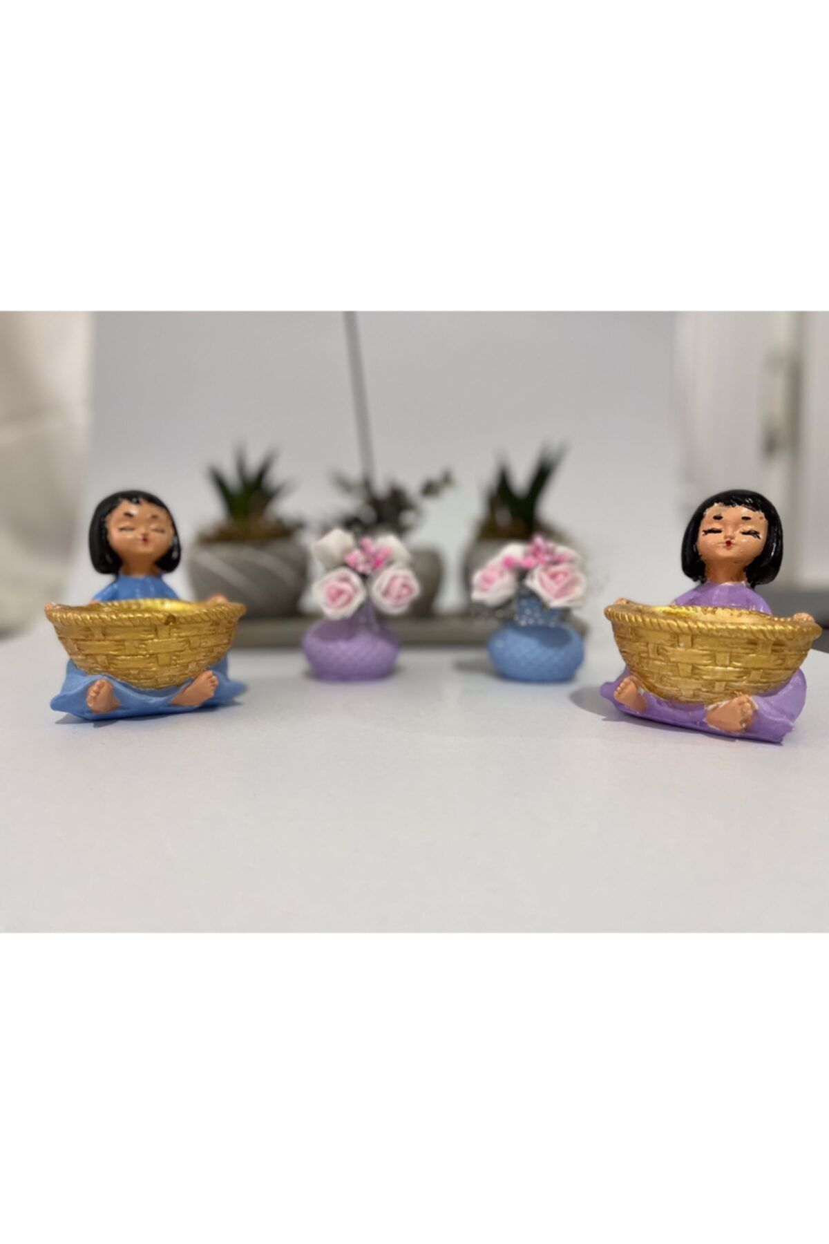 İnci Hobi&Bijuteri Lokumcu Kız Sunumluk 2 Adet Ve Çiçekli Mini Vazo Sunumluk 2 Adet Set Biblo