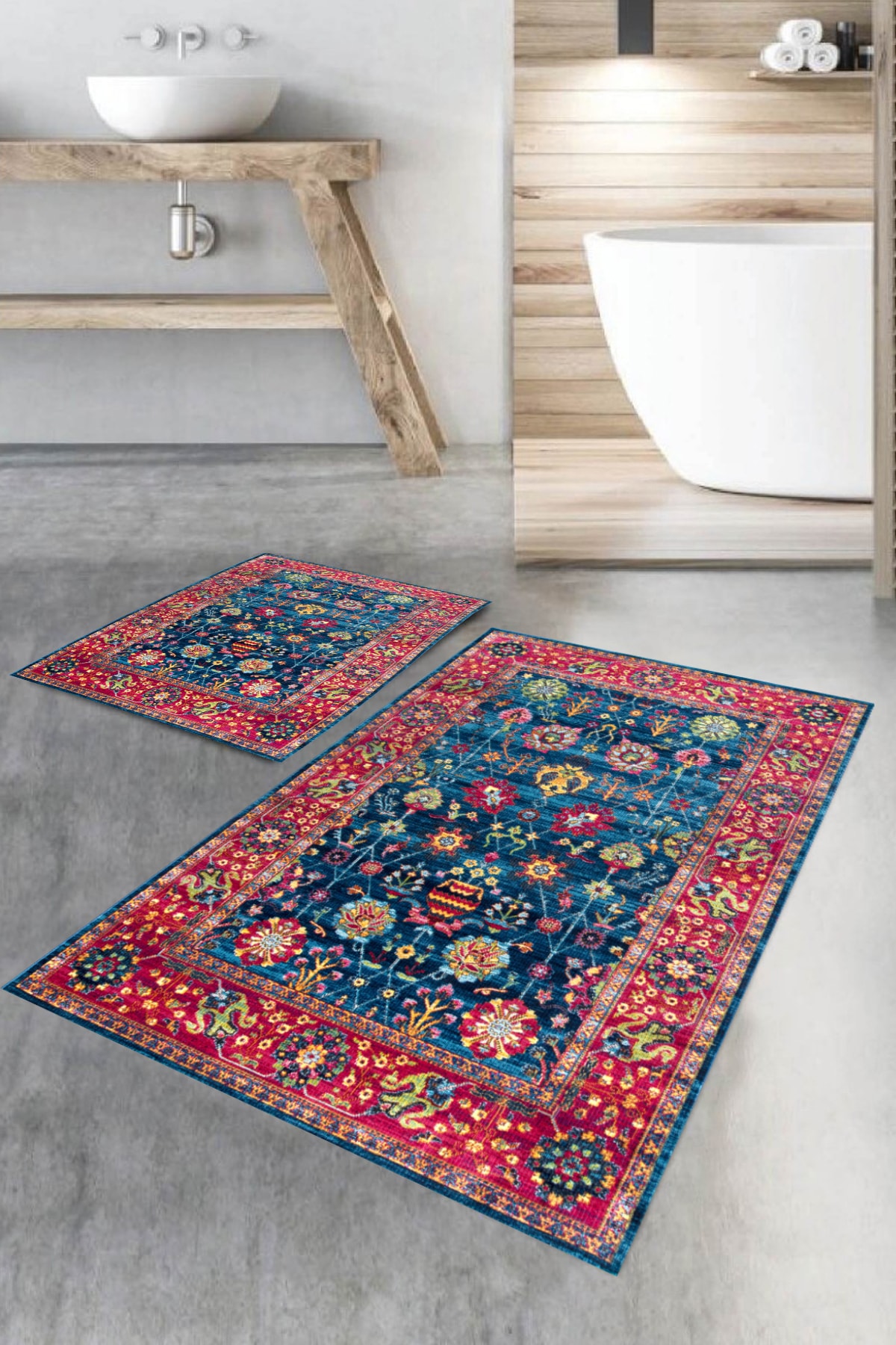 BiRKiLiM Kırmızı Mavi Desenli Banyo Halısı İkili Klozet Takımı-dot-tk-hy-894