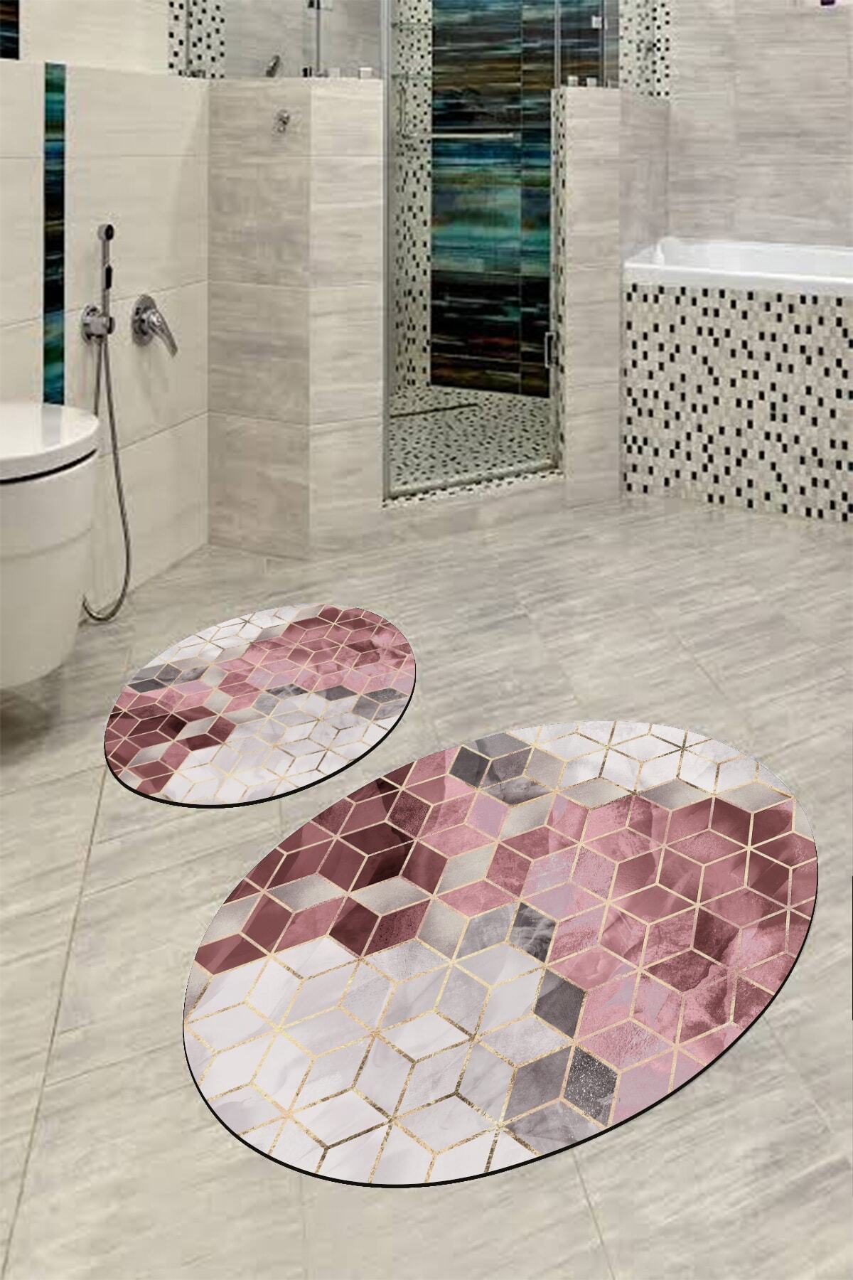 BiRKiLiM Oval Banyo Halısı Klozet Paspas Takımı Kaymaz O-dot-tk-ht325