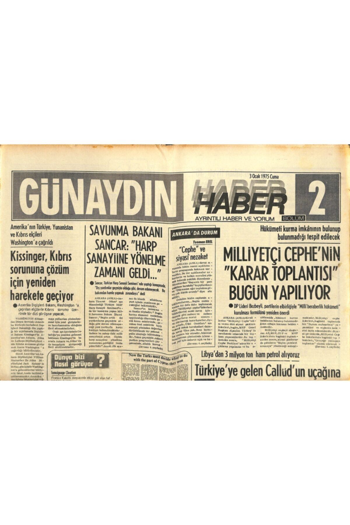 Gökçe Koleksiyon Günaydın Gazetesi Haber 2 Eki 3 Ocak 1975
