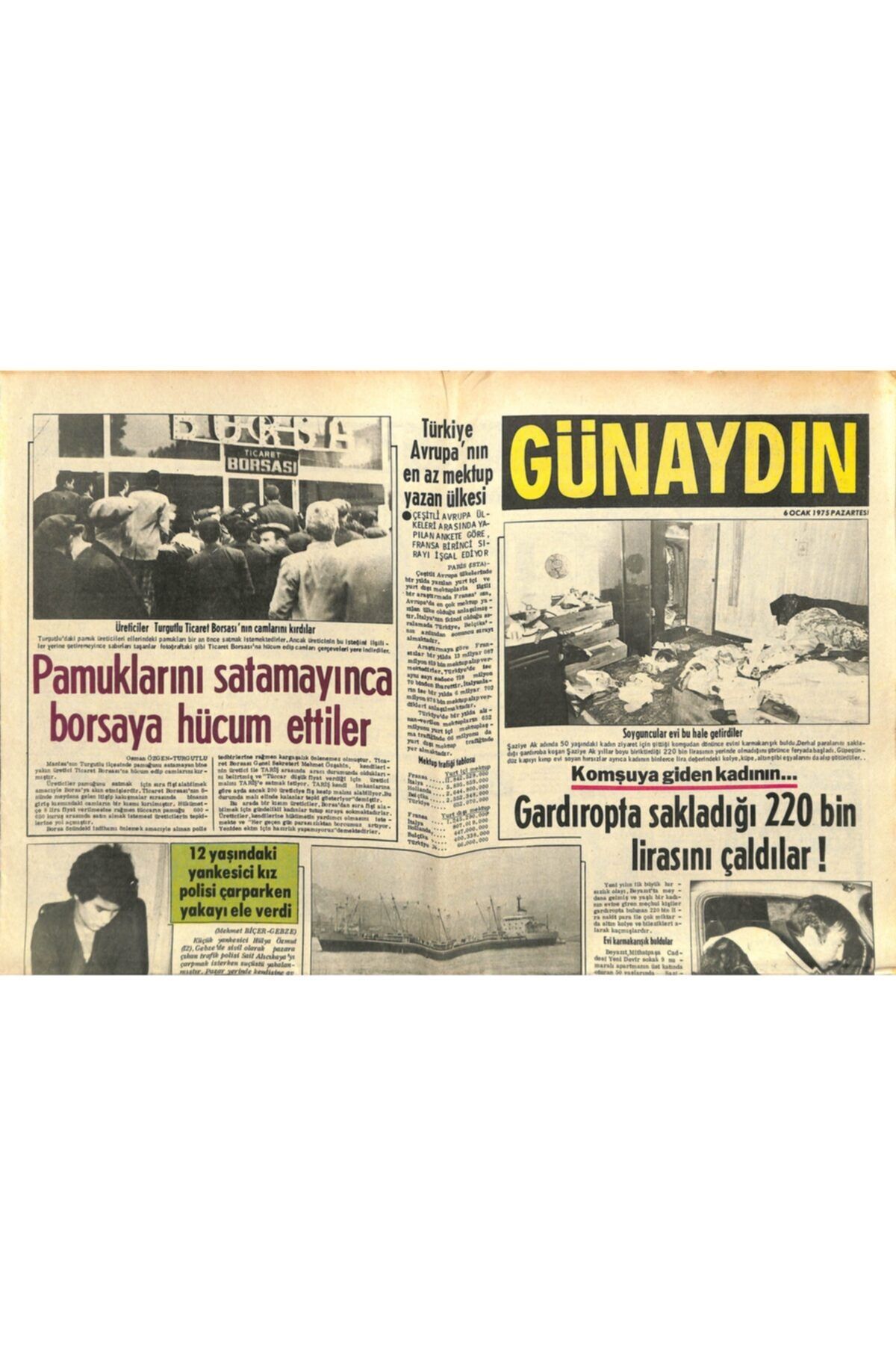 Gökçe Koleksiyon Günaydın Gazetesi 6 Ocak 1975 Amerika'dan 26 Bin Ton Buğday Geldi