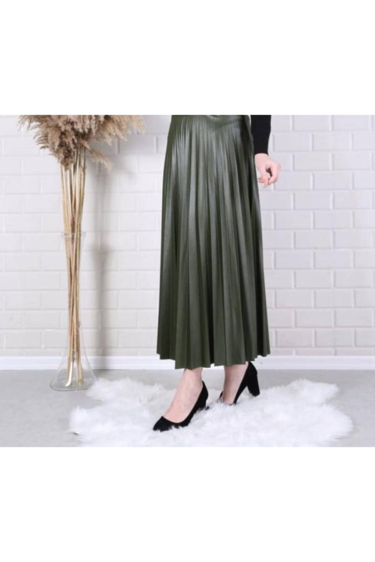 Lantliv Yeşil Deri Görünümlü Piliseli Etek