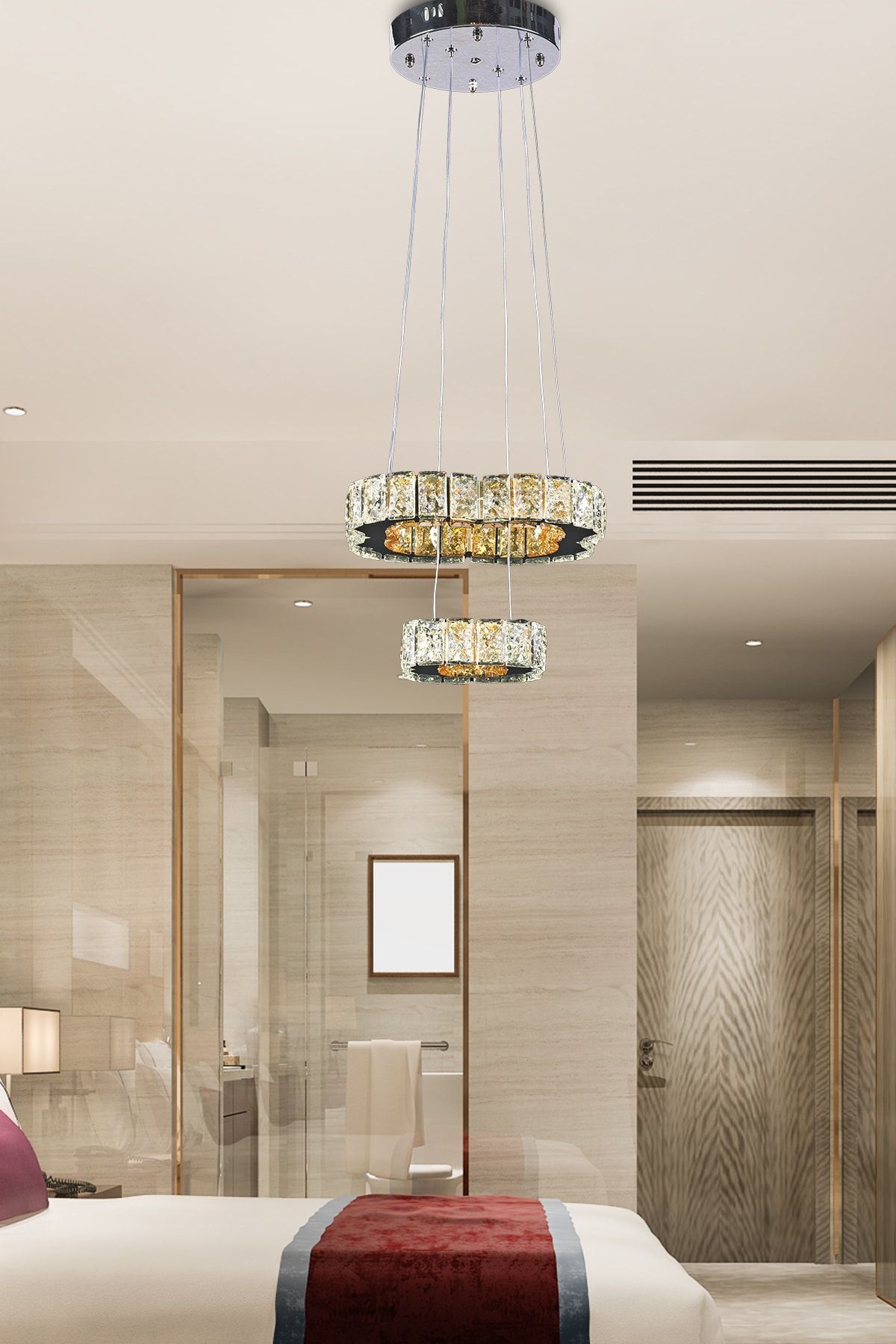 burenze Luxury Modern Sarkıt Ikili Kristal Taşlı Power Led Avize Kumandalı Krom Ledli Avize