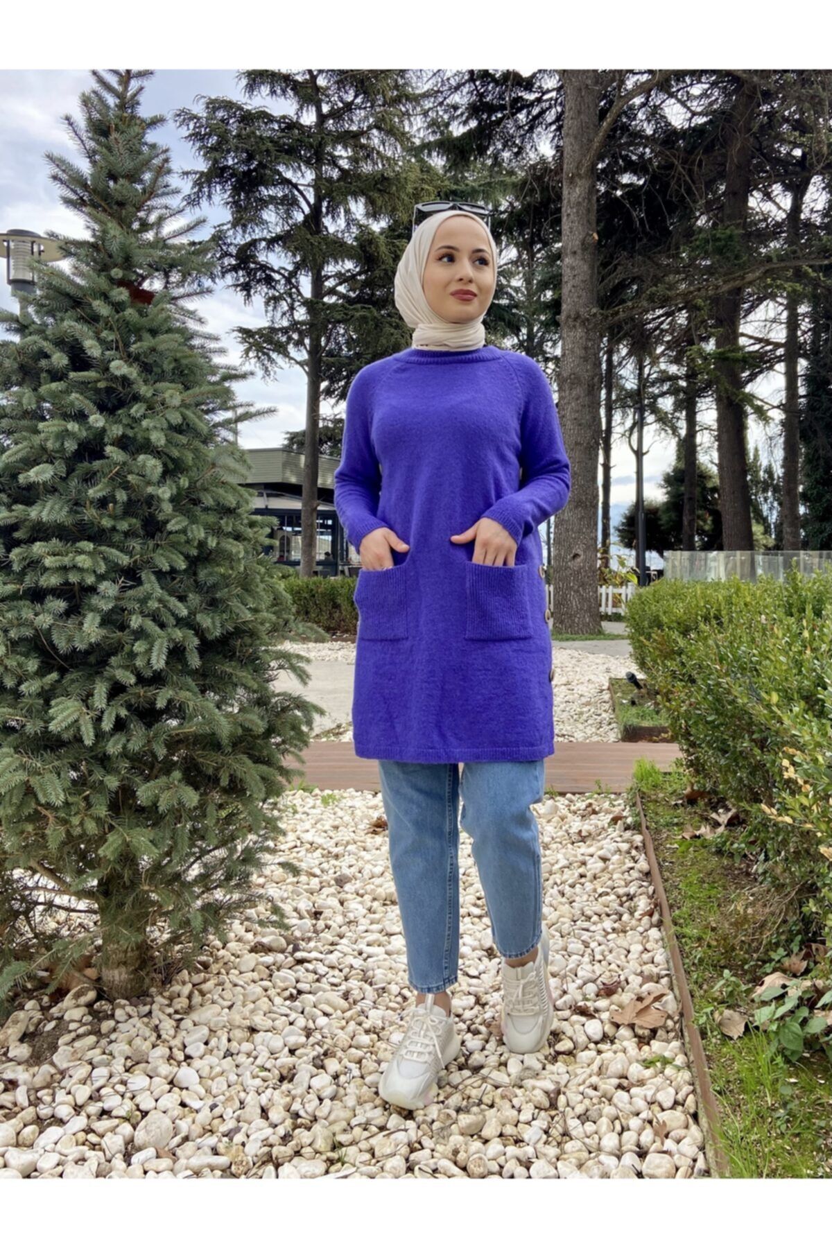 Papatya Giyim İzmit Kadın Mor Yanları Düğmeli Cepli Tesettür Triko Kazak
