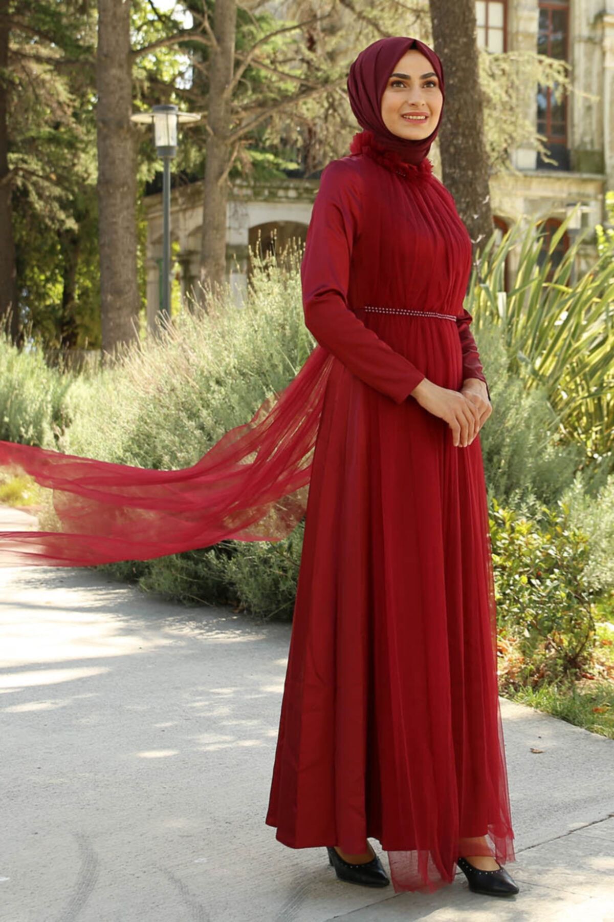 Feiza Collection Tül Detaylı Saten Tesettür Abiye Elbise - Bordo
