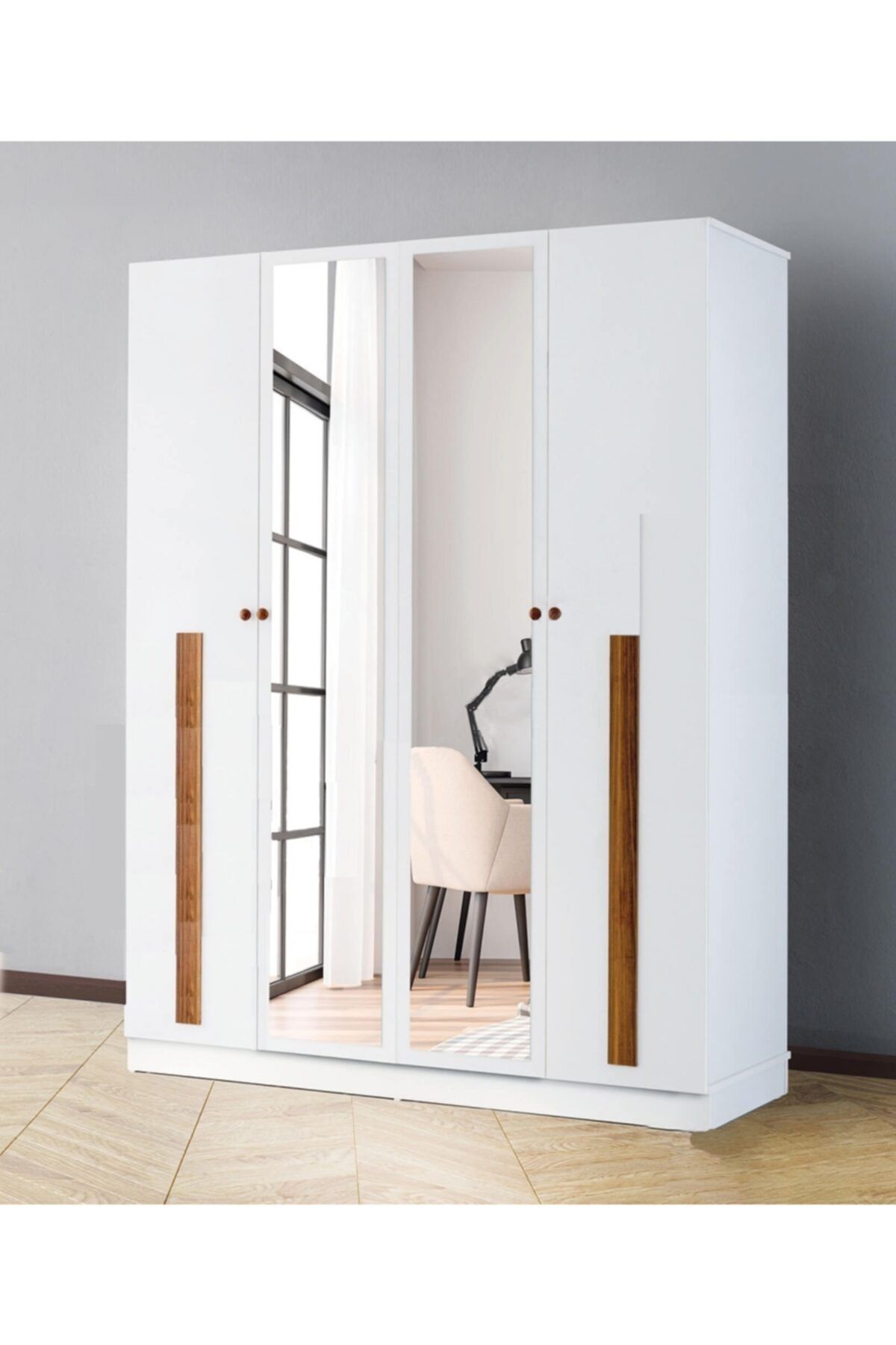Viento Mobilya Atina Mdf 4 Kapılı Içeriden Çekmeceli Aynalı Gardrop