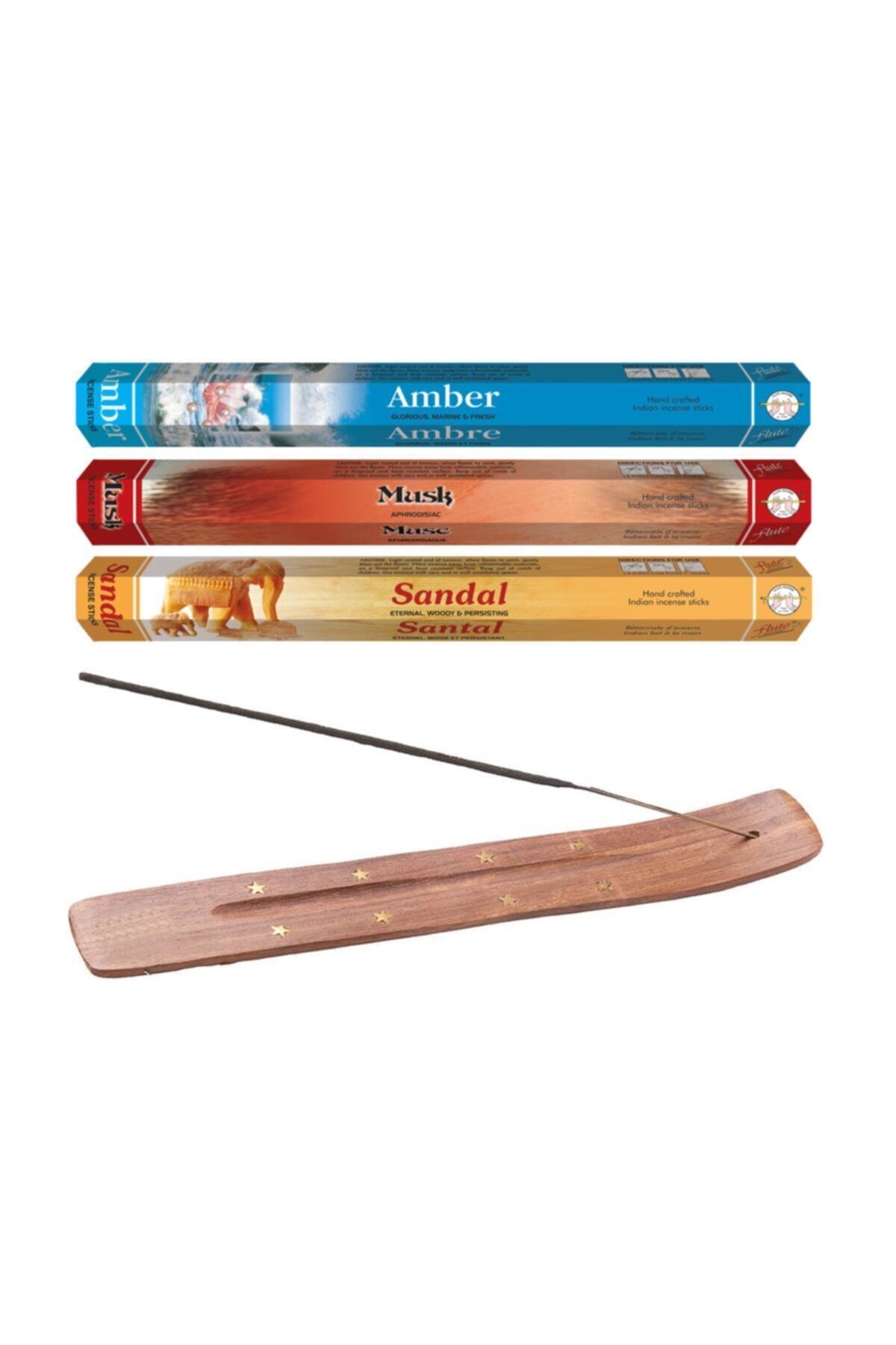AURA 60 Adet Tütsü (amber, Sandal Ağacı, Musk) Kaliteli Işlemeli Ahşap Tütsü Kayığı Hediyeli