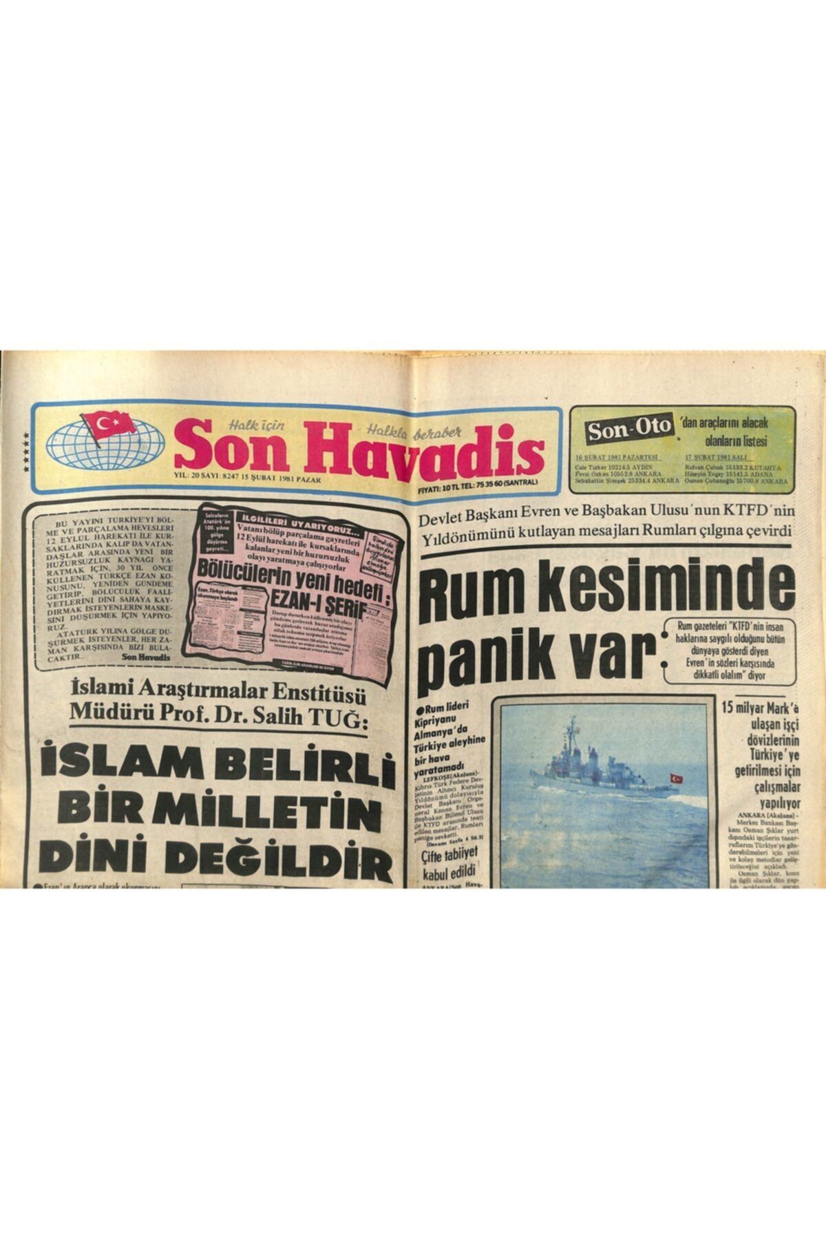 Gökçe Koleksiyon Son Havadis Gazetesi 15 Şubat 1981 - Dublin'e Modern Folk Üçlüsü Ve Ayşegül Aldinç Gidecek