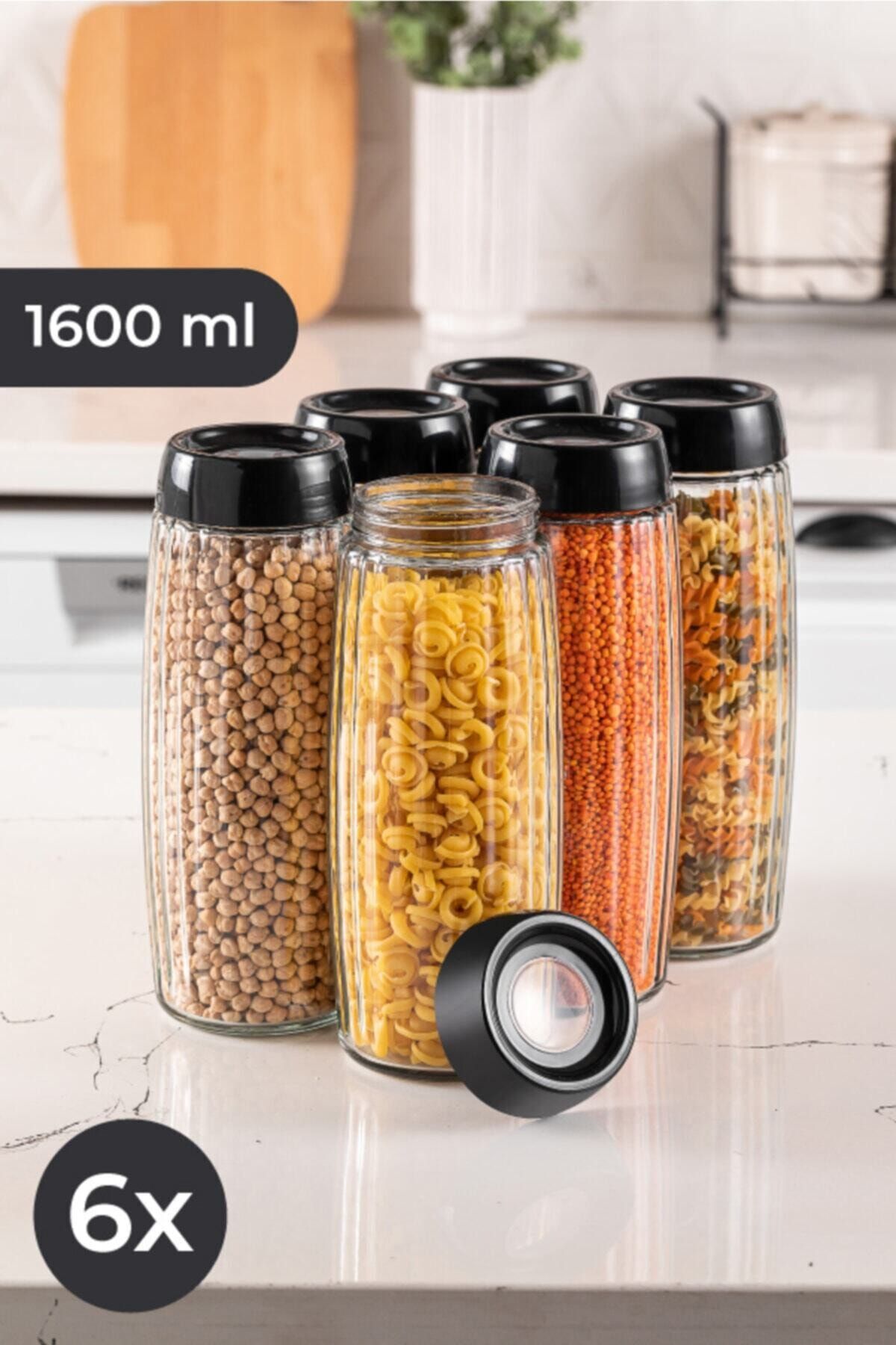 DEKORHANEMDEN 6lı Çizgili Dokulu Cam Kavanoz Erzak Kabı 1600 Ml Siyah Kapaklı