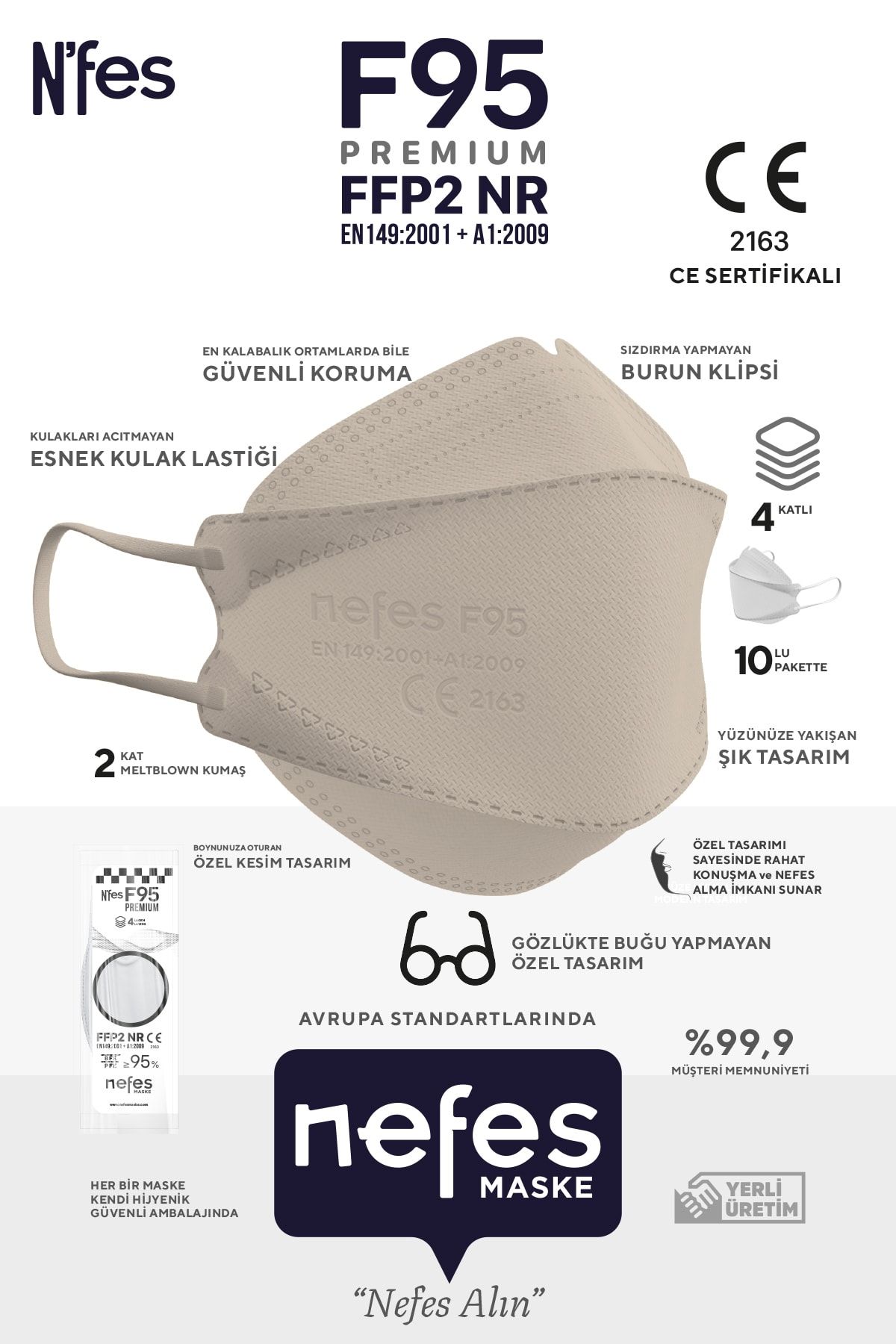nefes maske N'fes F95 Premium Kore Tipi Krem N95 Maske(KF94) 1 Kutu 10 Adet